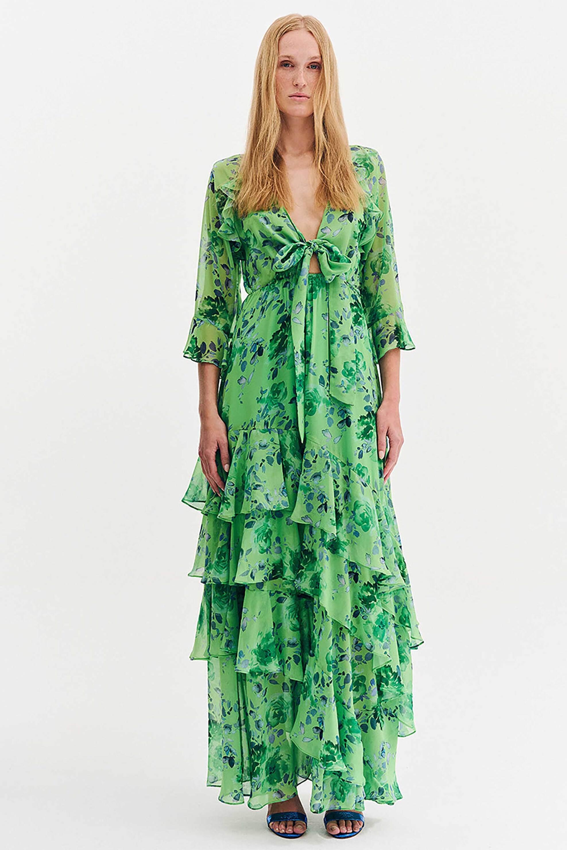 FOREL Forel γυναικείo maxi φόρεμα με βολάν και floral print - 080.50.01.029 Πράσινο Σμαραγδί