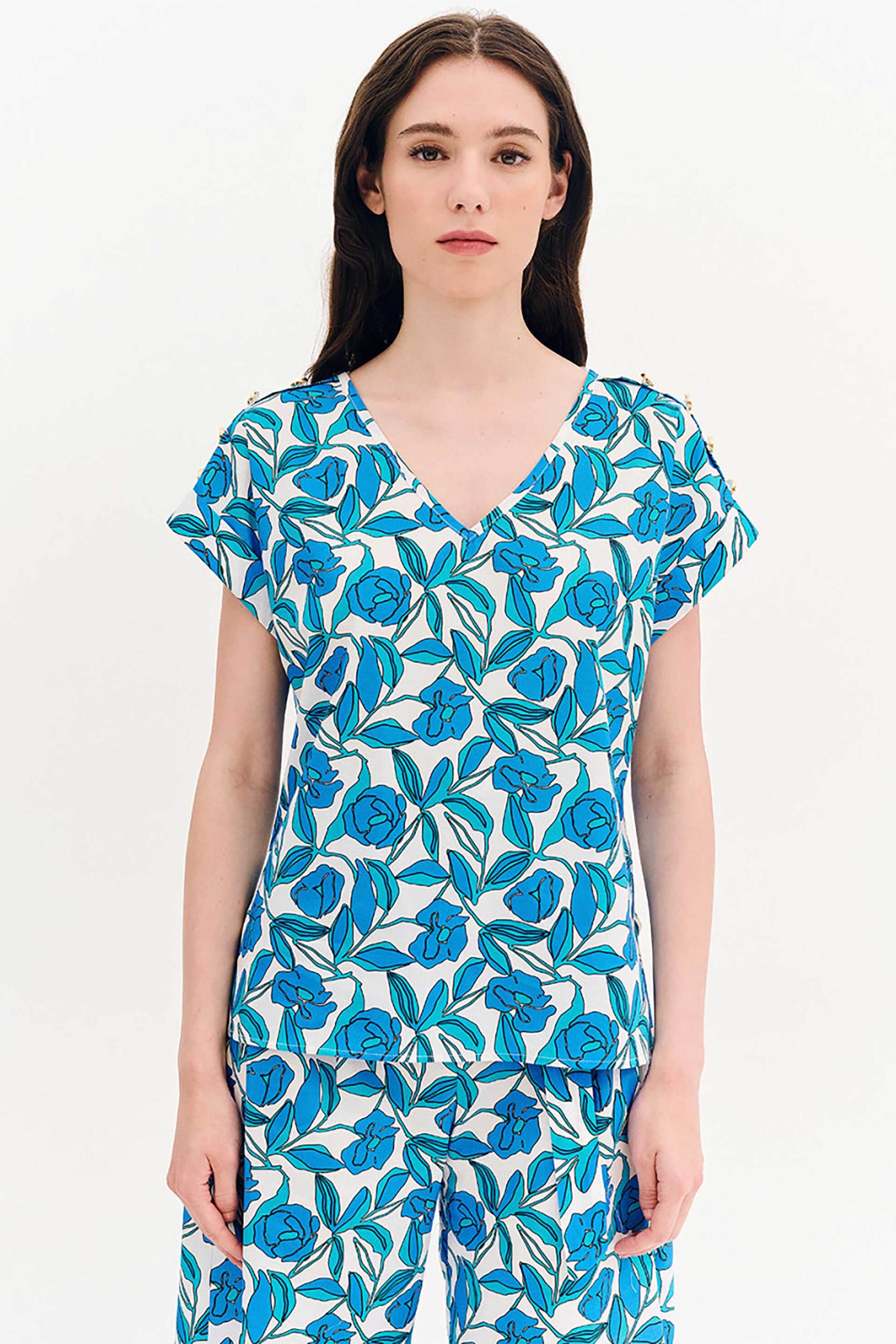 FOREL Forel γυναικεία μπλούζα με floral print - 080.10.01.012 Τυρκουάζ