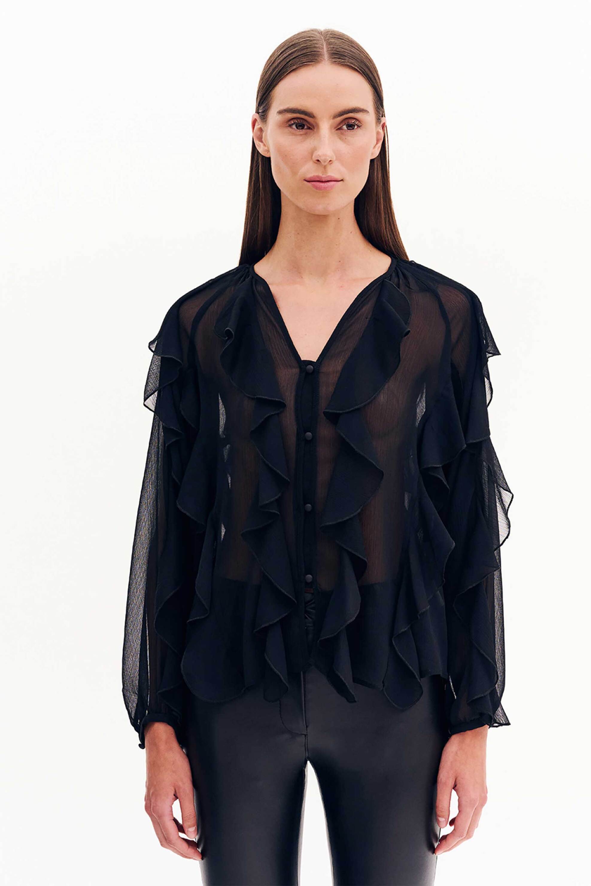 FOREL Forel γυναικεία μπλούζα με all-over διάτρητο σχέδιο και βολάν - 081.10.01.031 Μαύρο