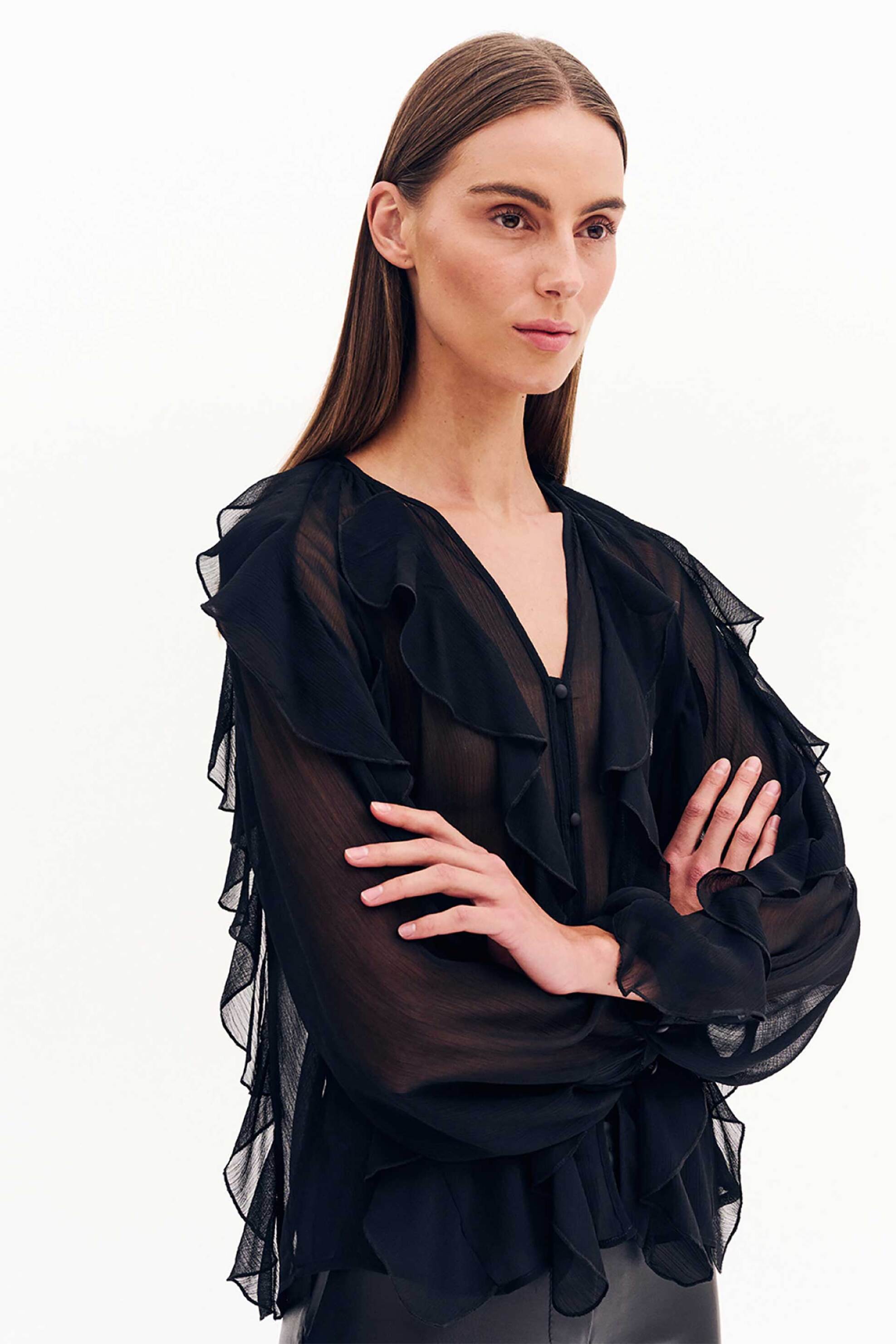 Forel γυναικεία μπλούζα με all-over διάτρητο σχέδιο και βολάν - 081.10.01.031 Μαύρο φωτογραφία