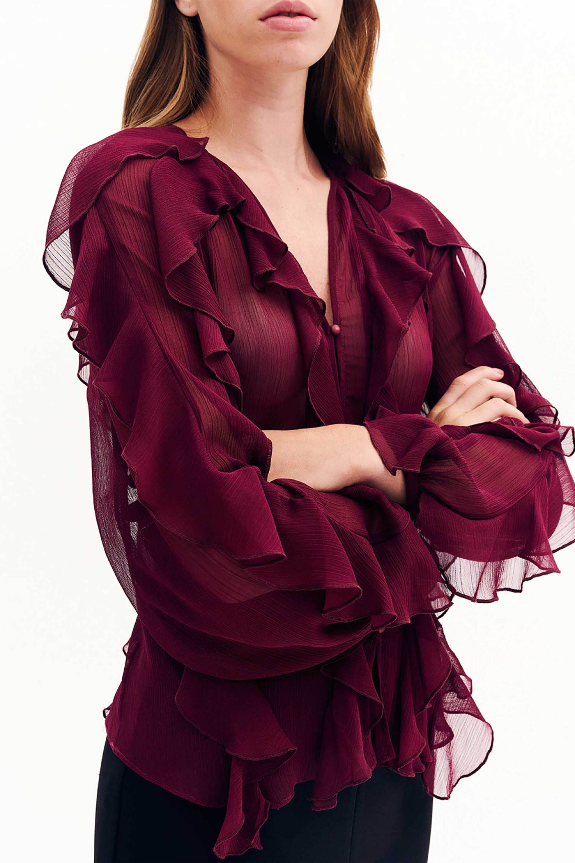 Forel γυναικεία μπλούζα με all-over διάτρητο σχέδιο και βολάν - 081.10.01.031 Μπορντό φωτογραφία