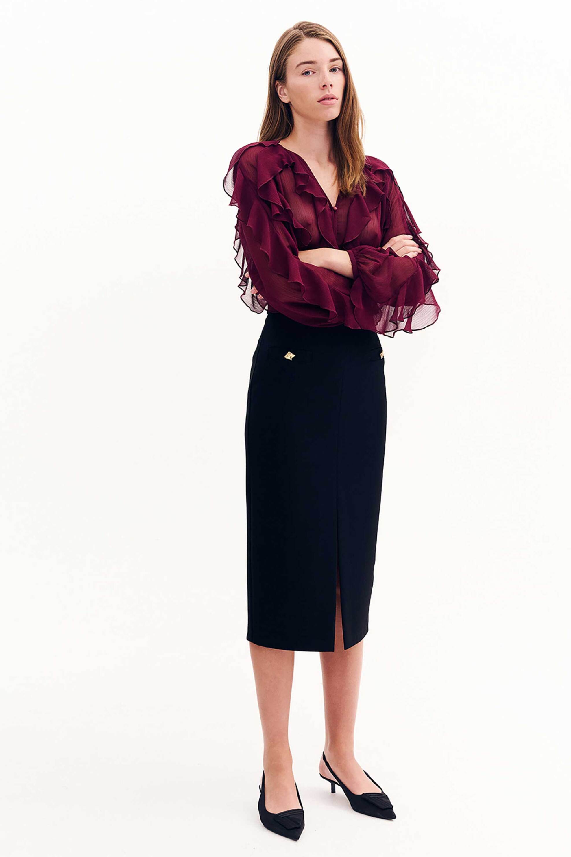 Forel γυναικεία μπλούζα με all-over διάτρητο σχέδιο και βολάν - 081.10.01.031 Μπορντό φωτογραφία