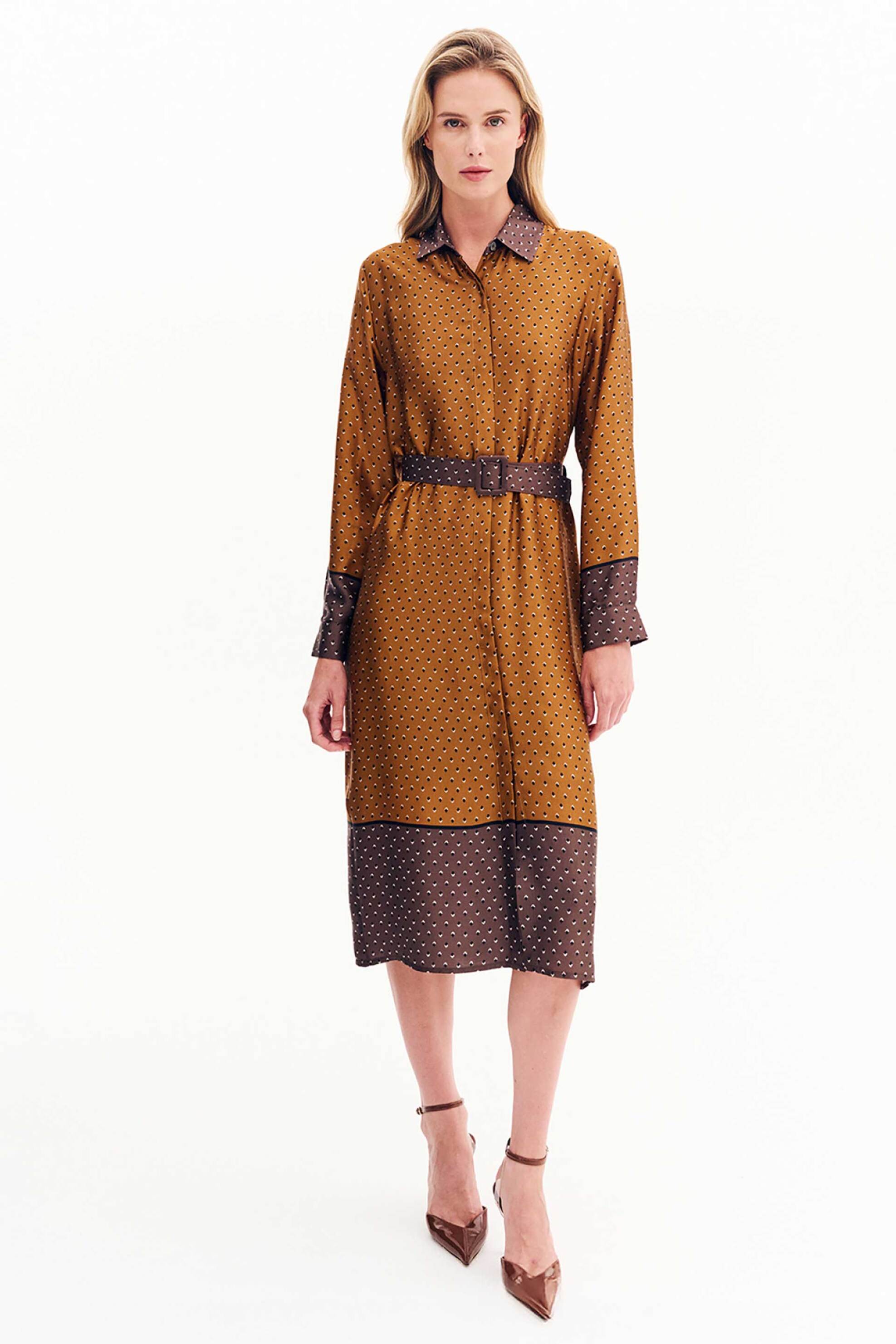 FOREL Forel γυναικείο midi φόρεμα σεμιζιέ με all-over print με σατέν υφή - 081.50.01.028 Χρυσό