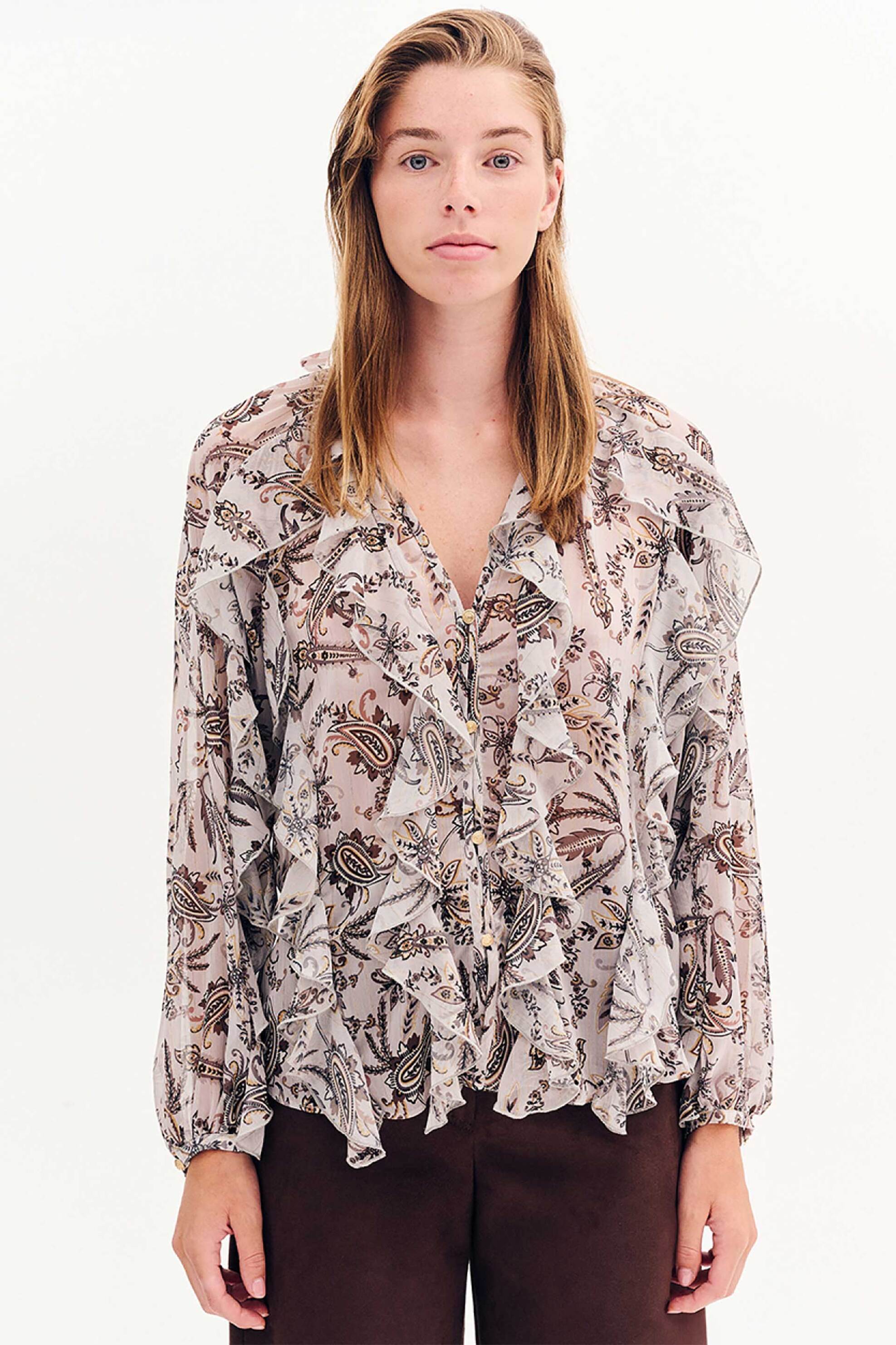 Forel γυναικείο πουκάμισο με all-over διάτρητο σχέδιο με λαχούρια και βολάν - 081.80.01.039 Μπεζ