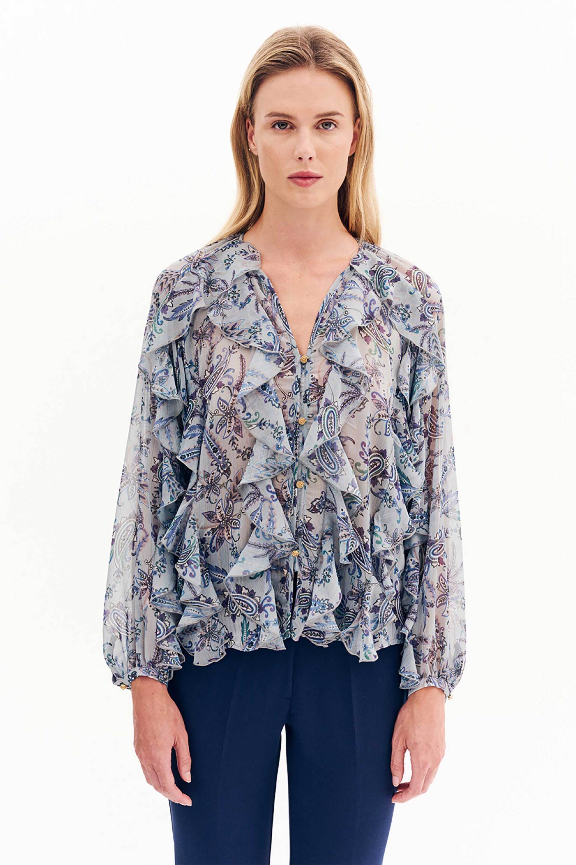 Forel γυναικείο πουκάμισο με all-over διάτρητο σχέδιο με λαχούρια και βολάν - 081.80.01.039 Σιελ