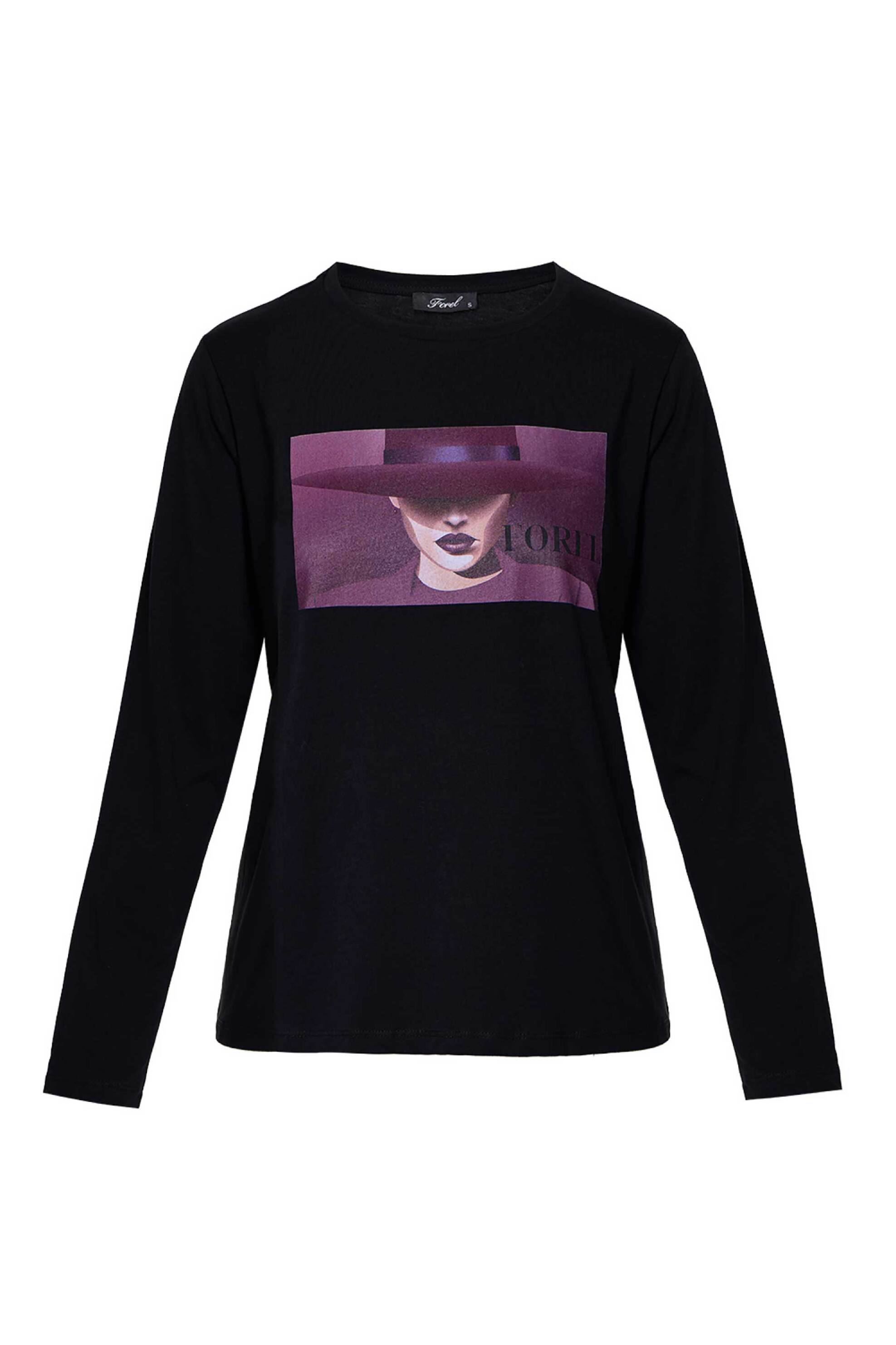 Forel γυναικεία βαμβακερή μπλούζα μακρυμάνικη με print - 081.10.01.081 Μαύρο