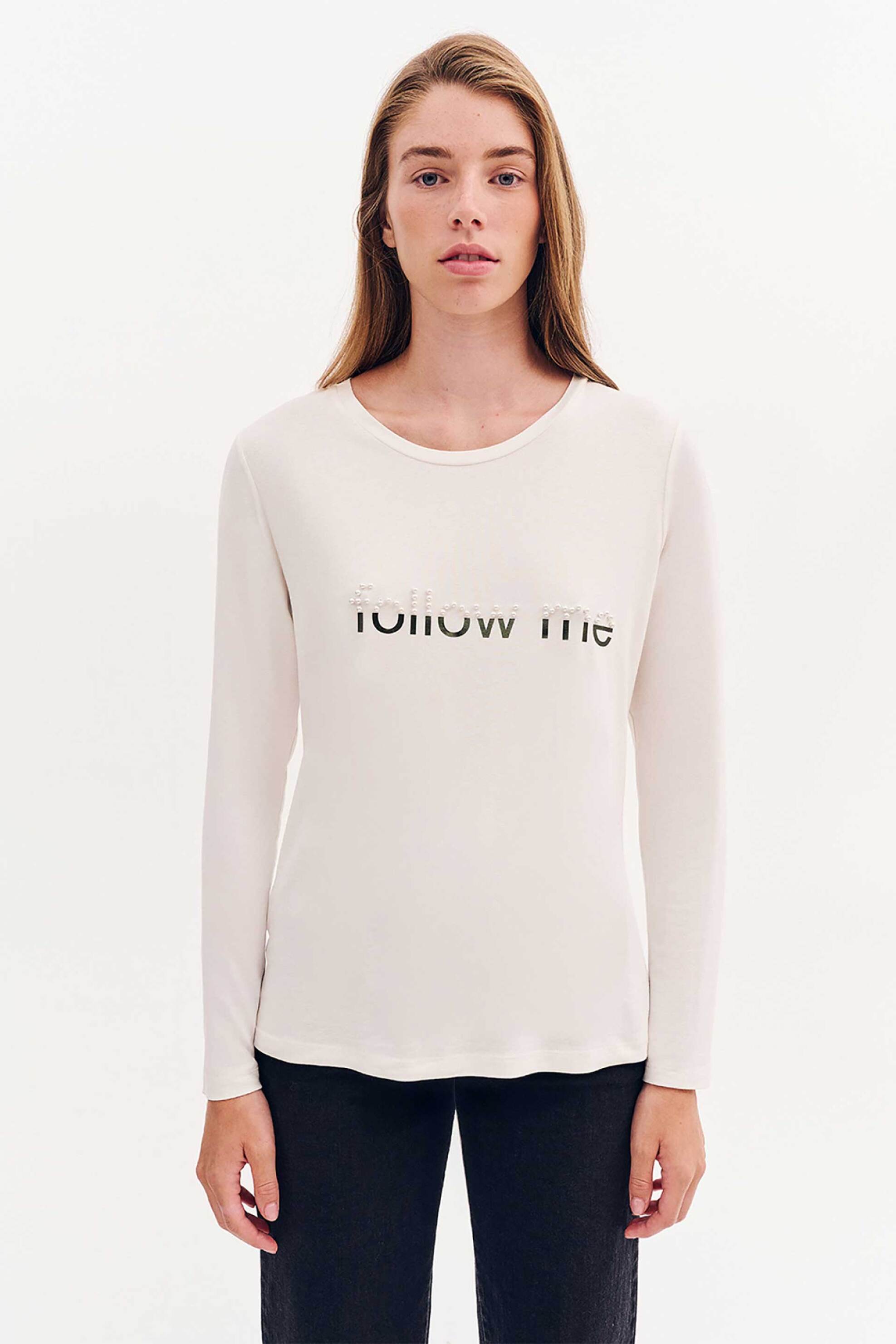 Forel μπλούζα μακρυμάνικη με lettering απο πέρλες - 081.10.01.047 Εκρού