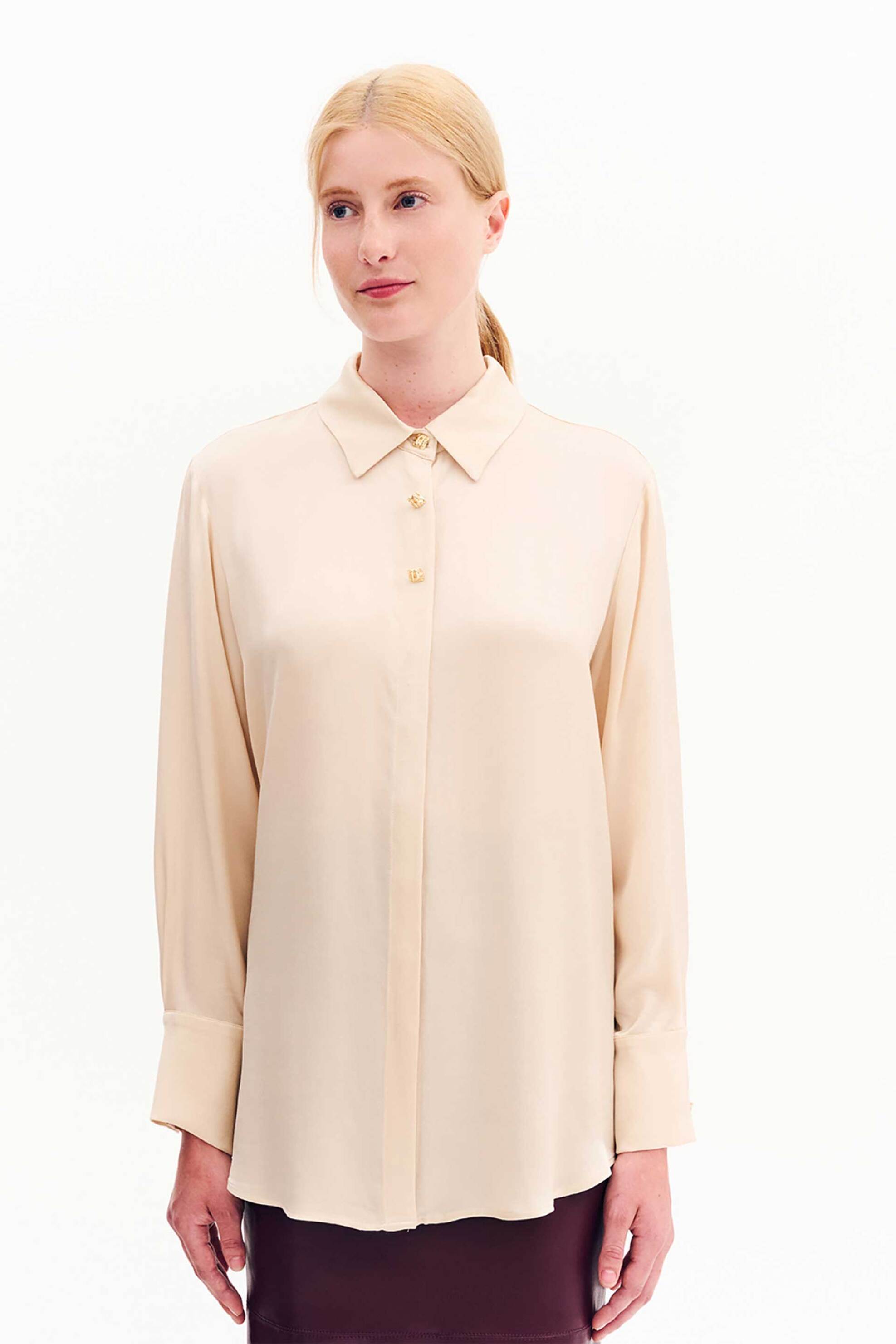 Forel γυναικείο πουκάμισο με χρυσά κουμπιά και σατέν υφή - 081.80.01.003 Μπεζ