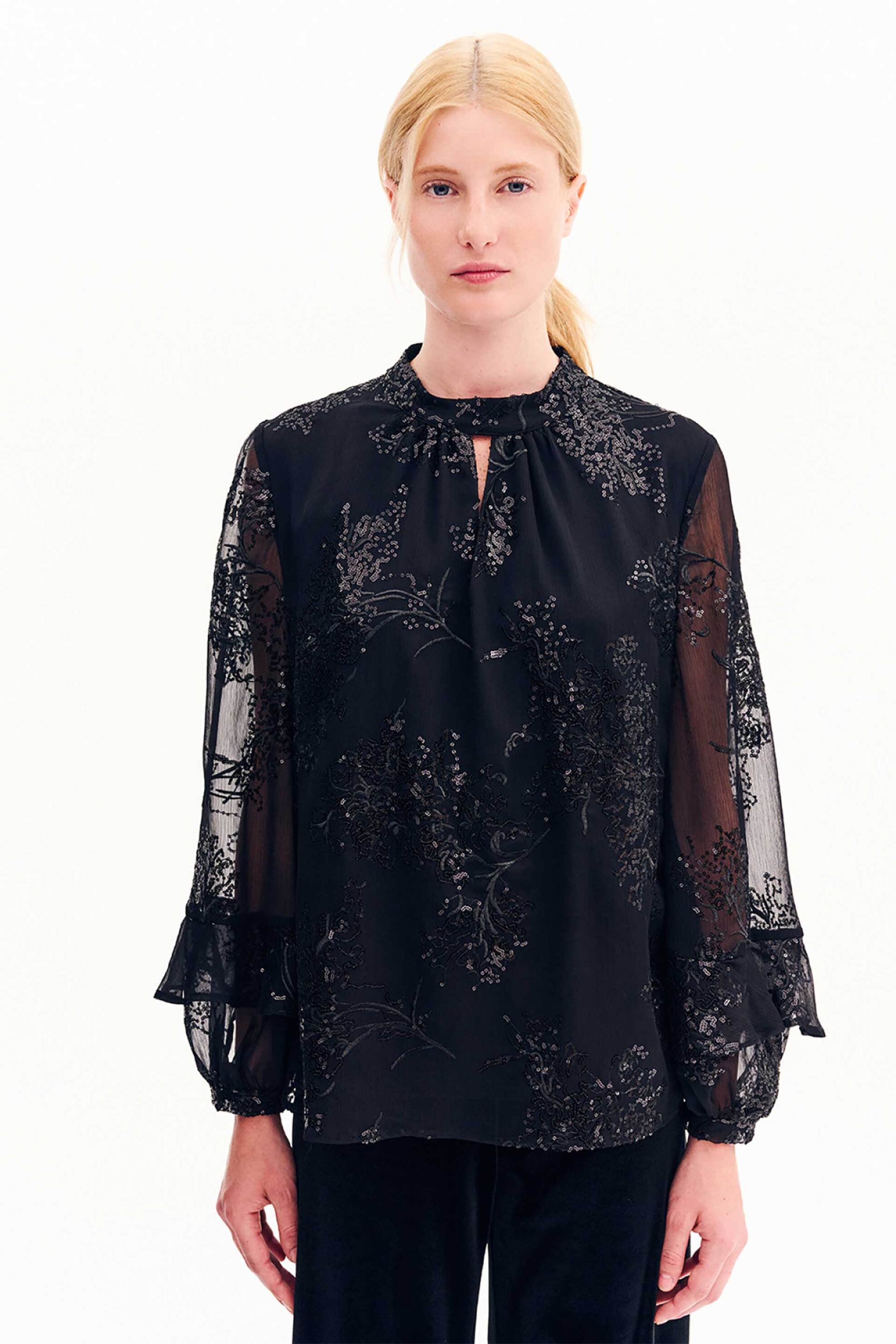 Forel γυναικεία μπλούζα με κεντημένη παγιέτα και διάτρητο σχέδιο - 081.10.01.035 Μαύρο