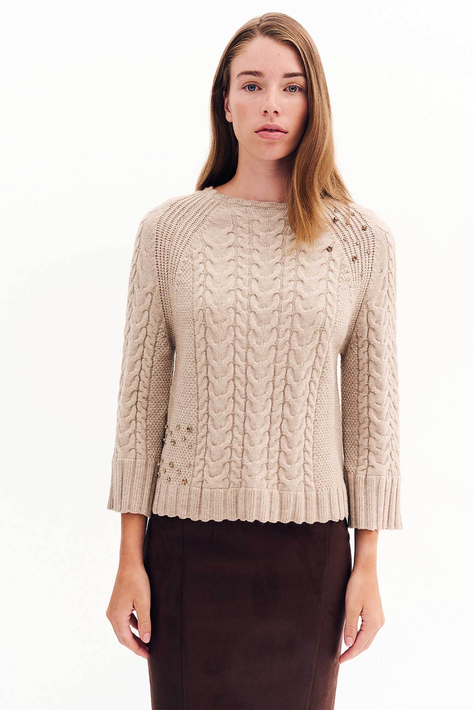 Forel γυναικεία πλεκτή μπλούζα με στρας - 081.90.01.008 Μπεζ