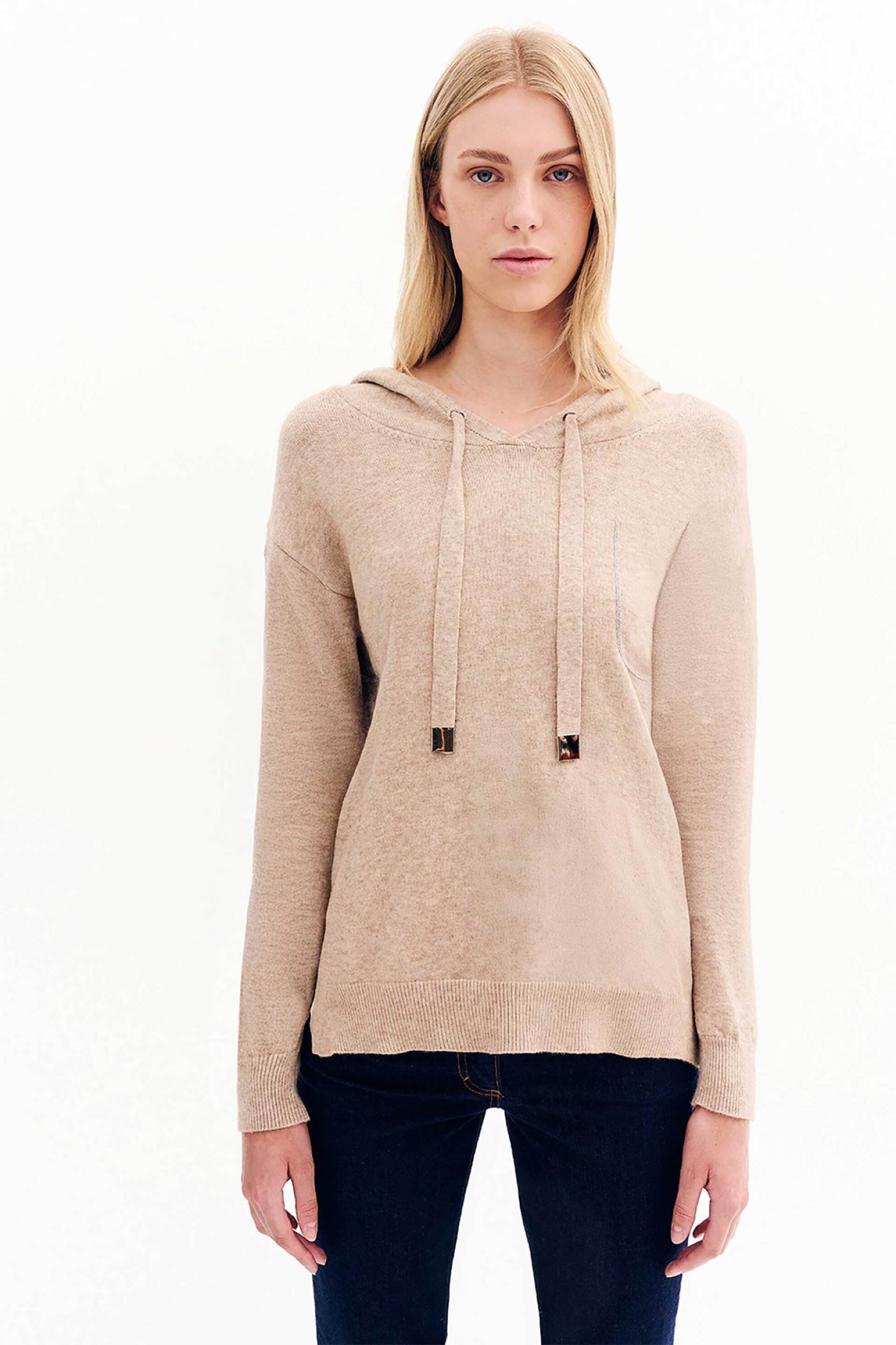 Forel γυναικεία πλεκτή μπλούζα με κουκούλα μονόχρωμη - 081.90.01.010 Μπεζ