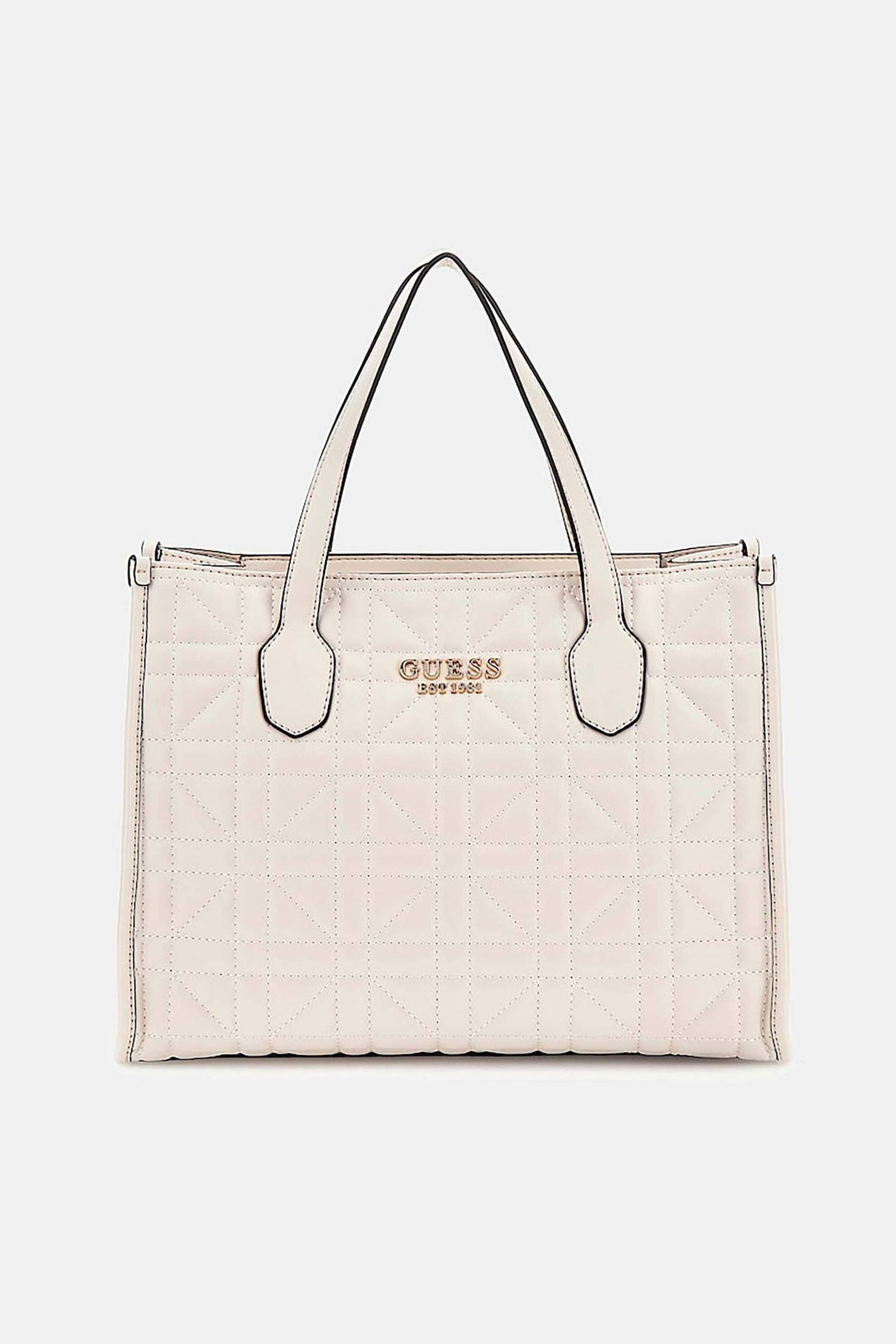 GUESS Guess γυναικεία τσάντα χειρός με καπιτονέ σχέδιο και μεταλλικό λογότυπο - HWQG8665220 Εκρού