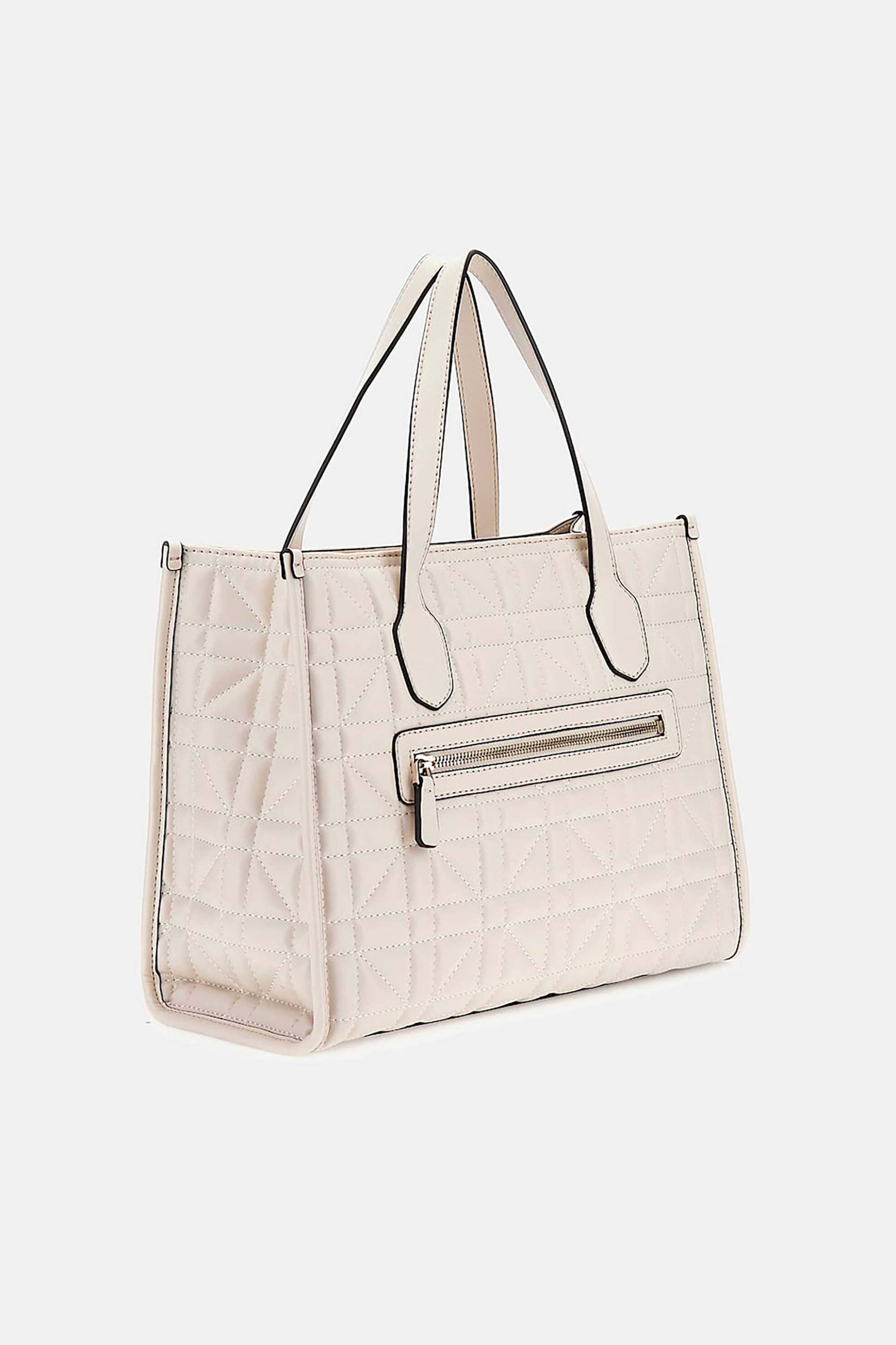 Guess γυναικεία τσάντα χειρός με καπιτονέ σχέδιο και μεταλλικό λογότυπο - HWQG8665220 Εκρού φωτογραφία