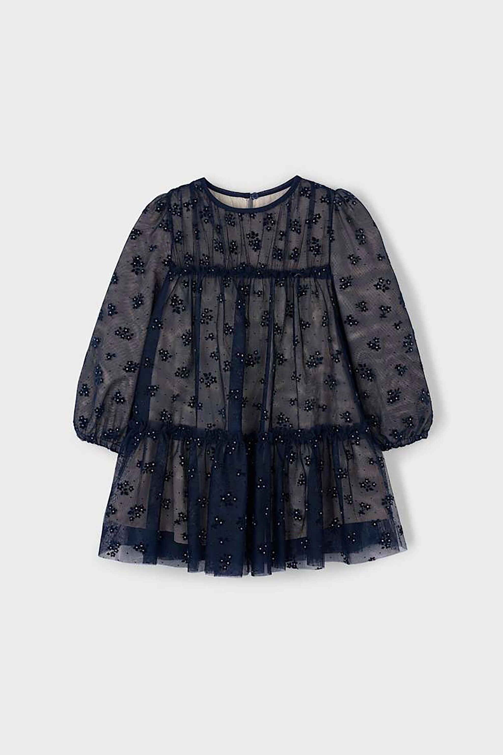 Mayoral παιδικό φόρεμα από τούλι με σούρες - 4919-W26 Μπλε Σκούρο