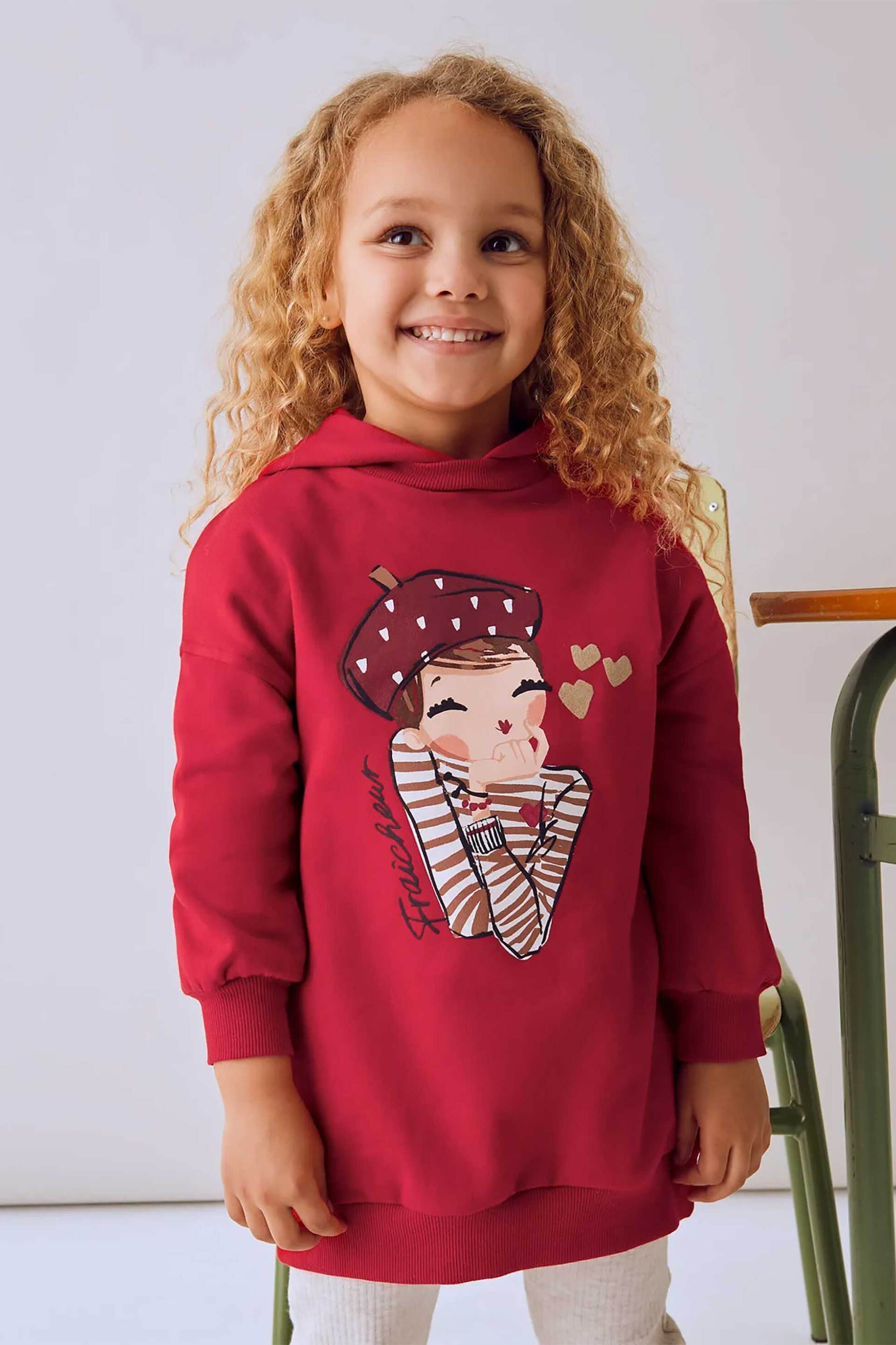 MAYORAL Mayoral παιδικό φούτερ φόρεμα με print και κουκούλα - 4928-W26 Κόκκινο