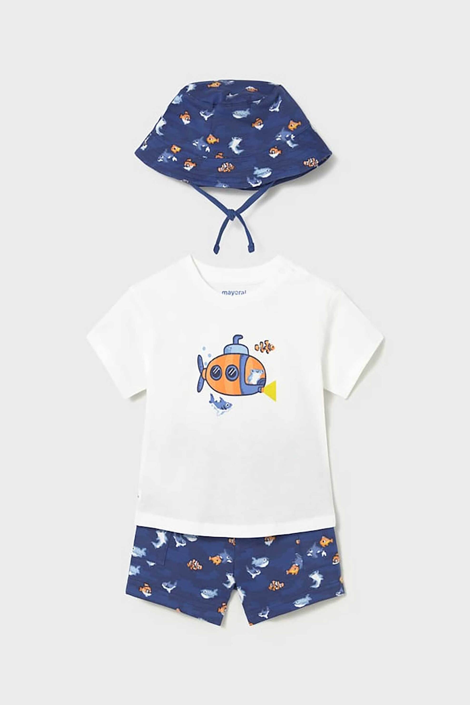 Mayoral βρεφικό σετ μαγιό, μπλούζα και καπέλο με all-over print (3 τεμάχια) - 1667-S26 Μπλε φωτογραφία