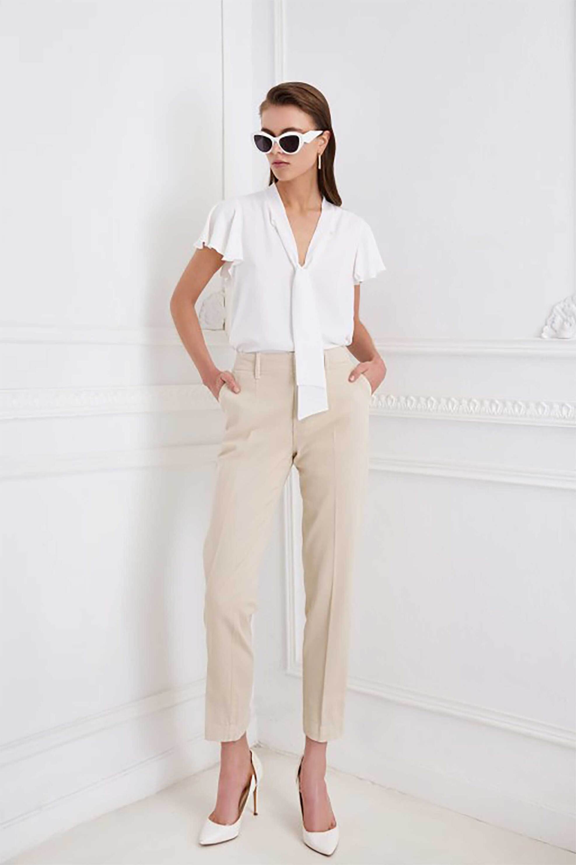 SARAH LAWRENCE JEANS Sarah Lawrence γυναικεία μπλούζα με δέσιμο και βολάν - 2-631010 Εκρού