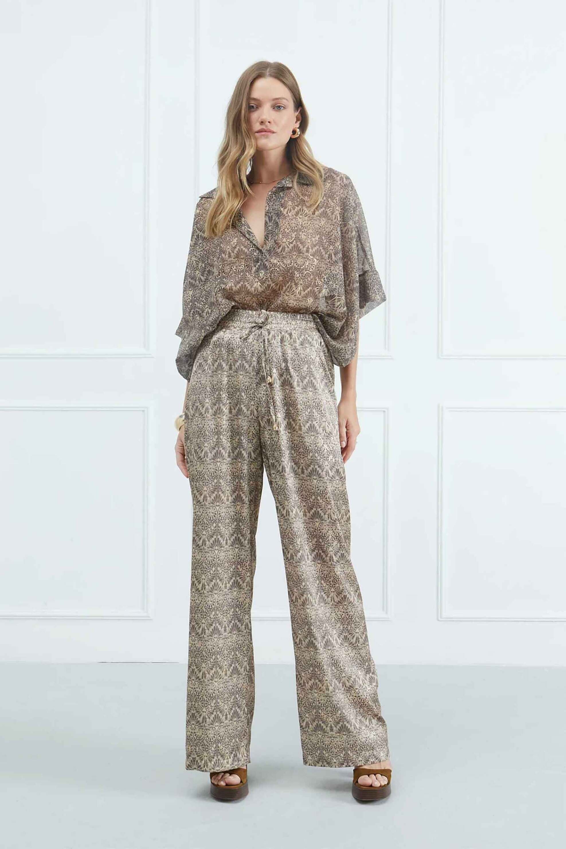 Sarah Lawrence γυναικεία παντελόνα σατέν με εμπριμέ σχέδιο - 161-0222 Μπεζ