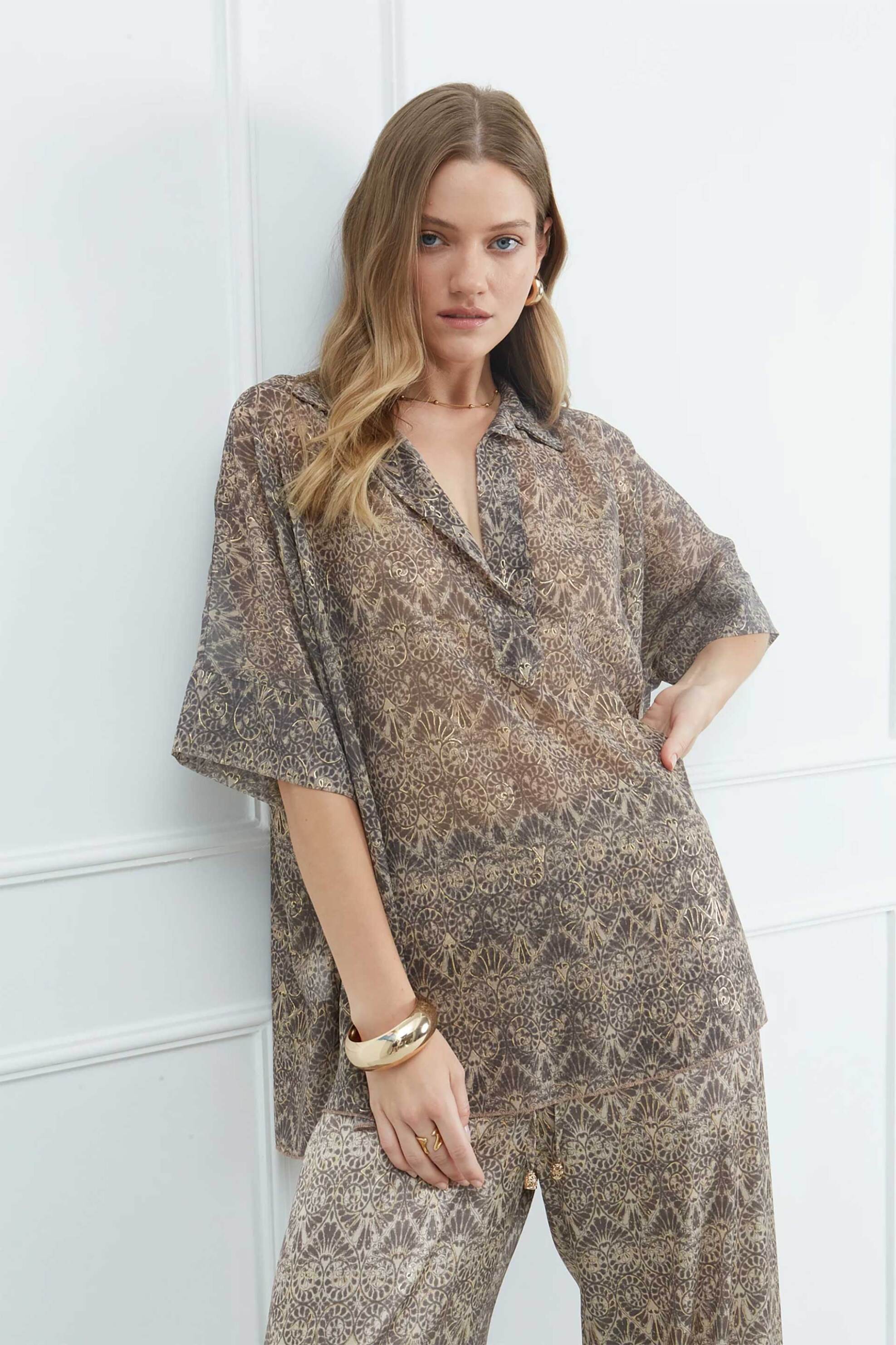 Sarah Lawrence γυναικεία μπλούζα με γιακά και εμπριμέ σχέδιο - 161-0723 Μπεζ