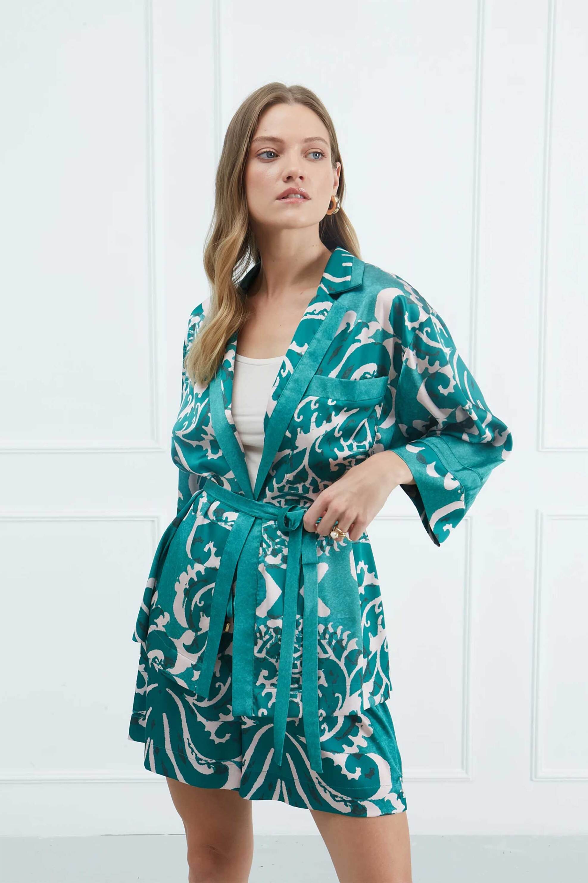 SARAH LAWRENCE JEANS Sarah Lawrence γυναικείο κιμονό με ζώνη στη μέση - 161-2001 Πράσινο