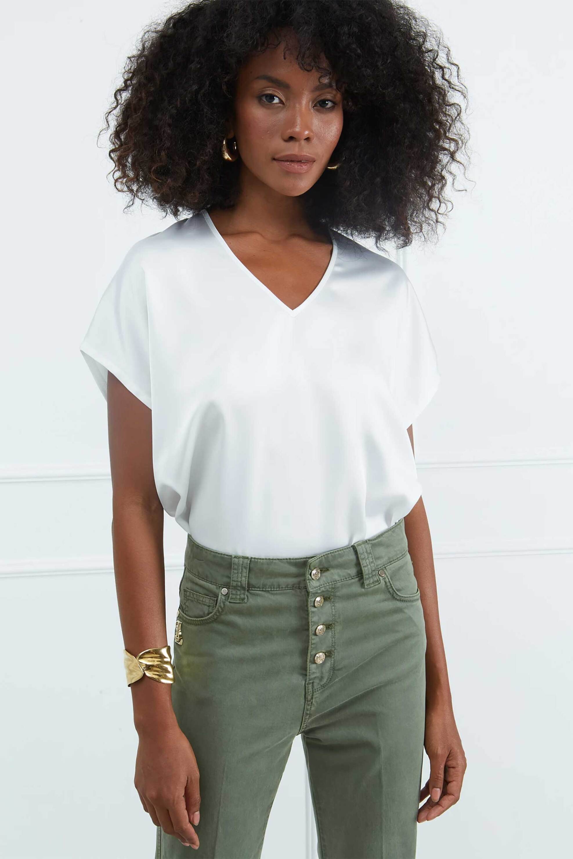 Sarah Lawrence γυναικεία μπλούζα σατέν με V λαιμόκοψη - 161-0724 Εκρού