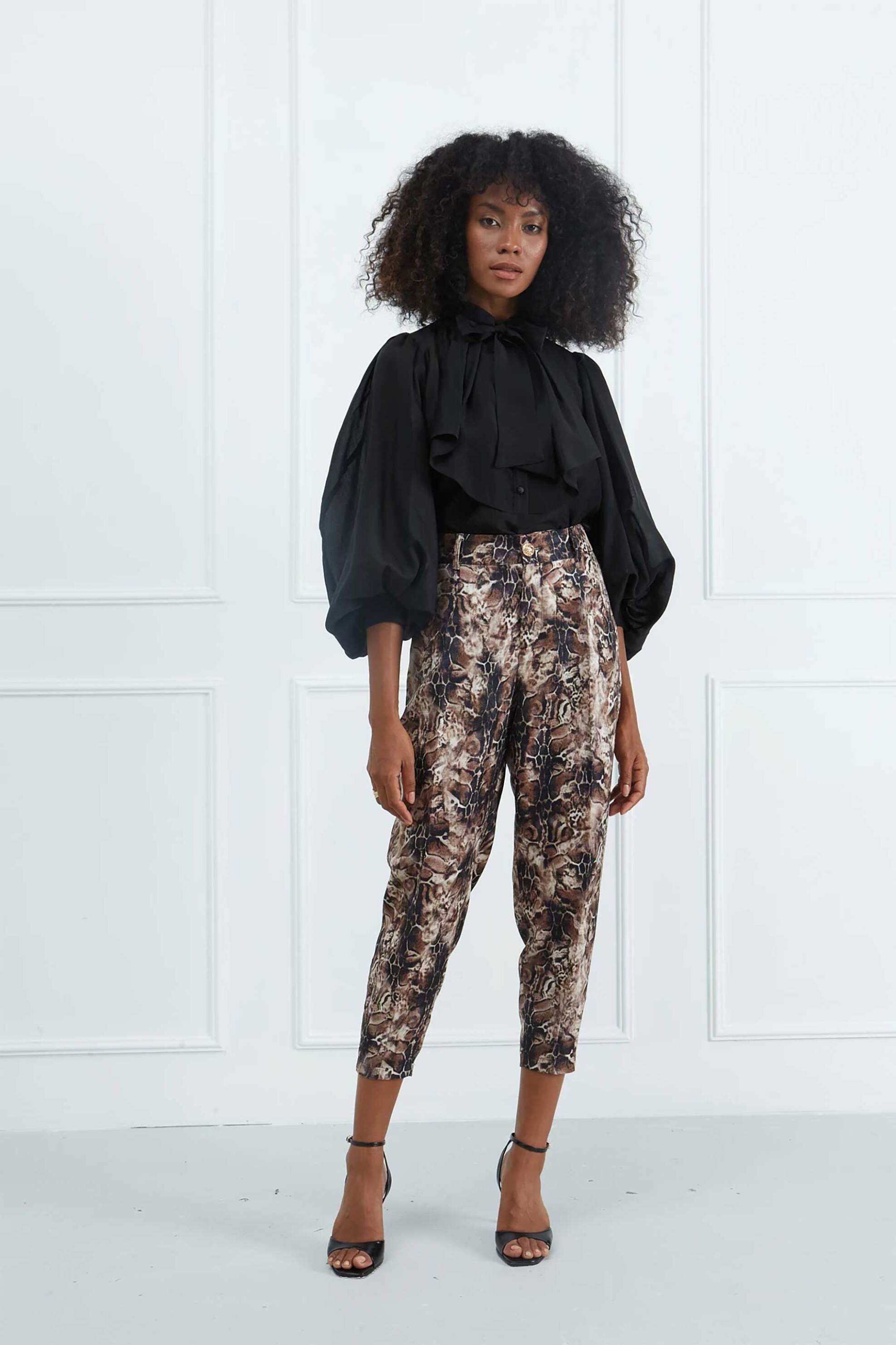 Sarah Lawrence γυναικείο παντελόνι animal print Barrel - 161-0207 Καφέ