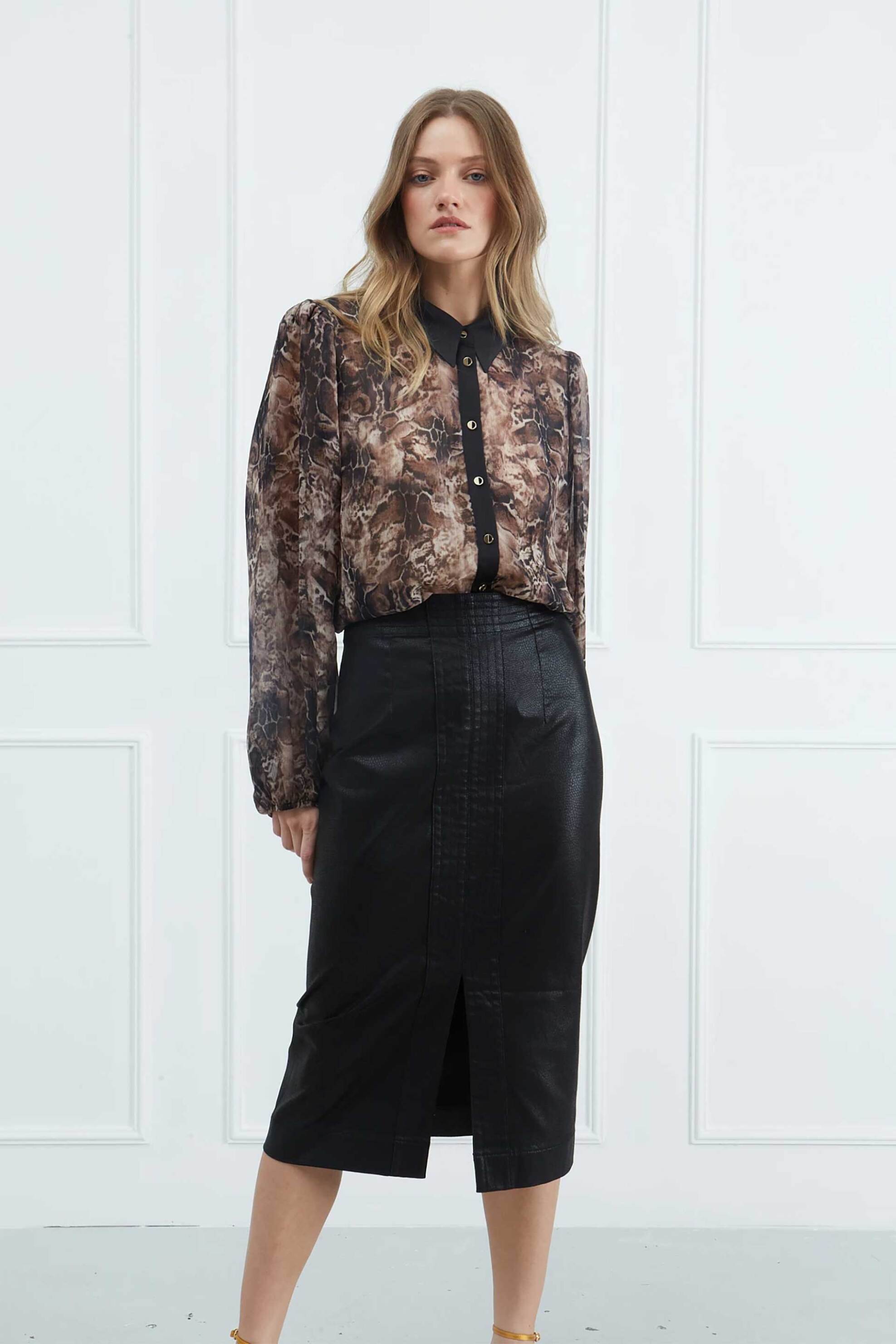 Sarah Lawrence γυναικείο πουκάμισο με animal print - 161-0601 Καφέ