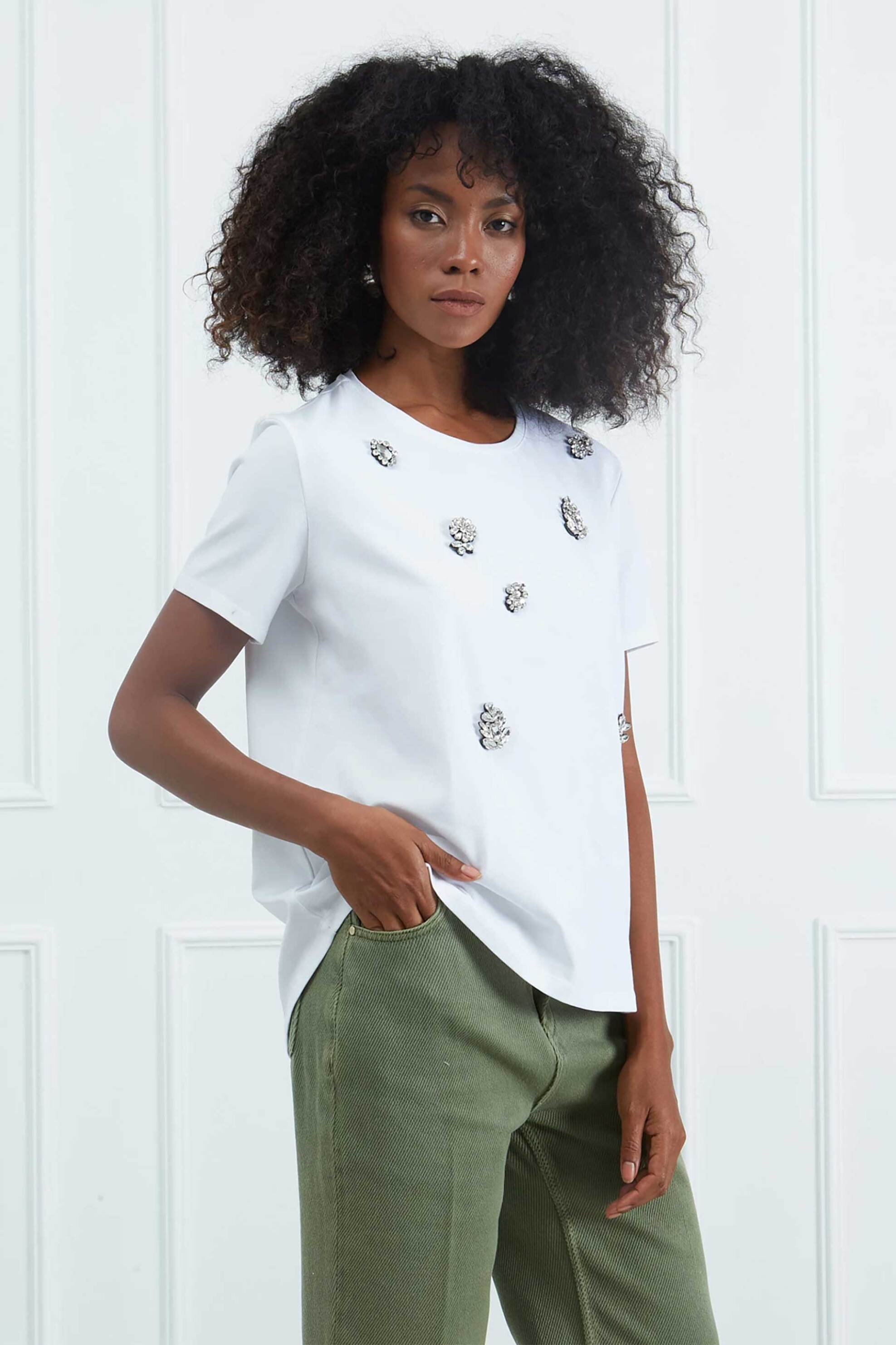 Sarah Lawrence γυναικείο T-shirt μονόχρωμο με διακοσμητικά στρας - 161-0718 Λευκό