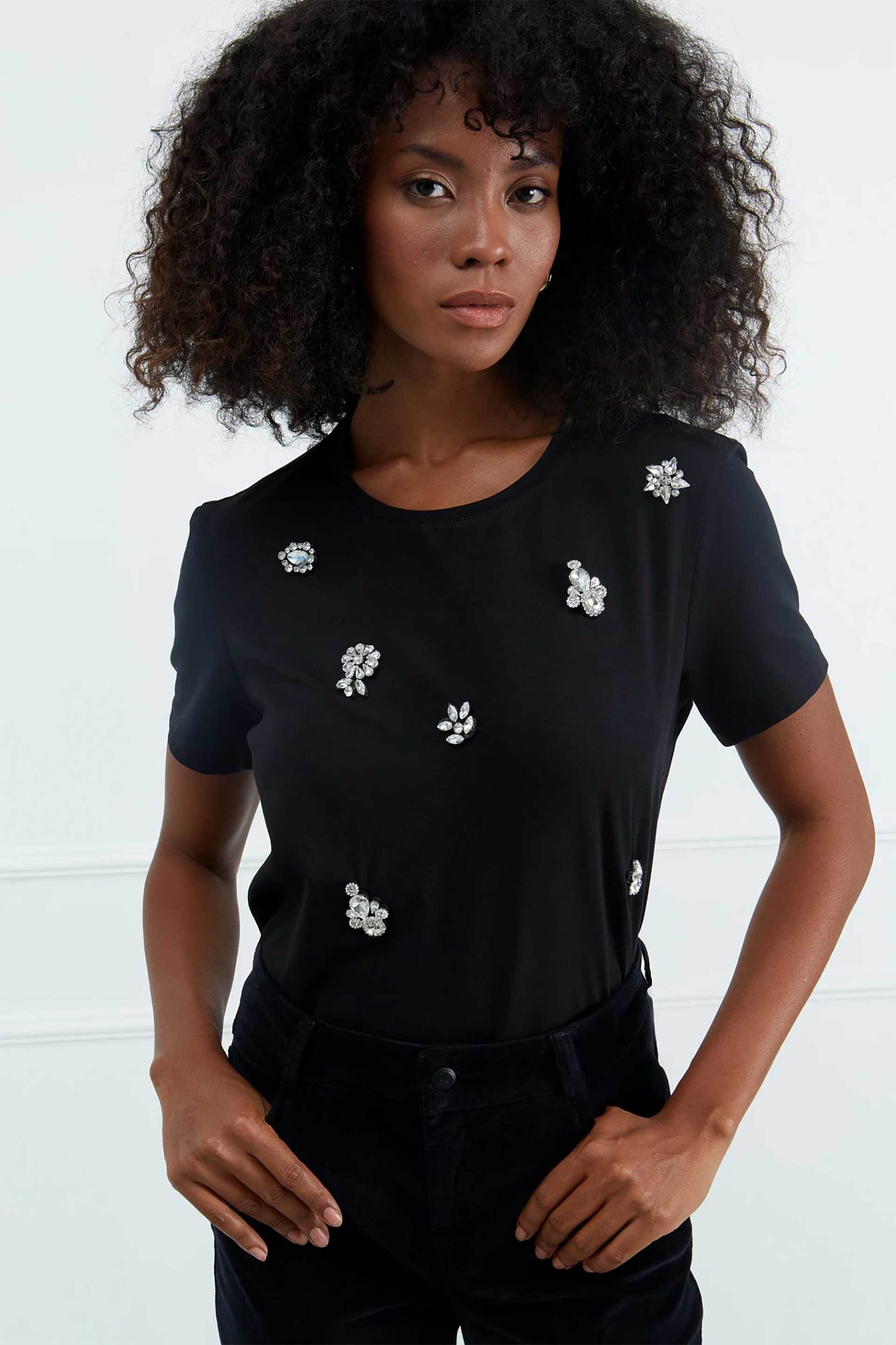 Sarah Lawrence γυναικείο T-shirt μονόχρωμο με διακοσμητικά στρας - 161-0718 Μαύρο