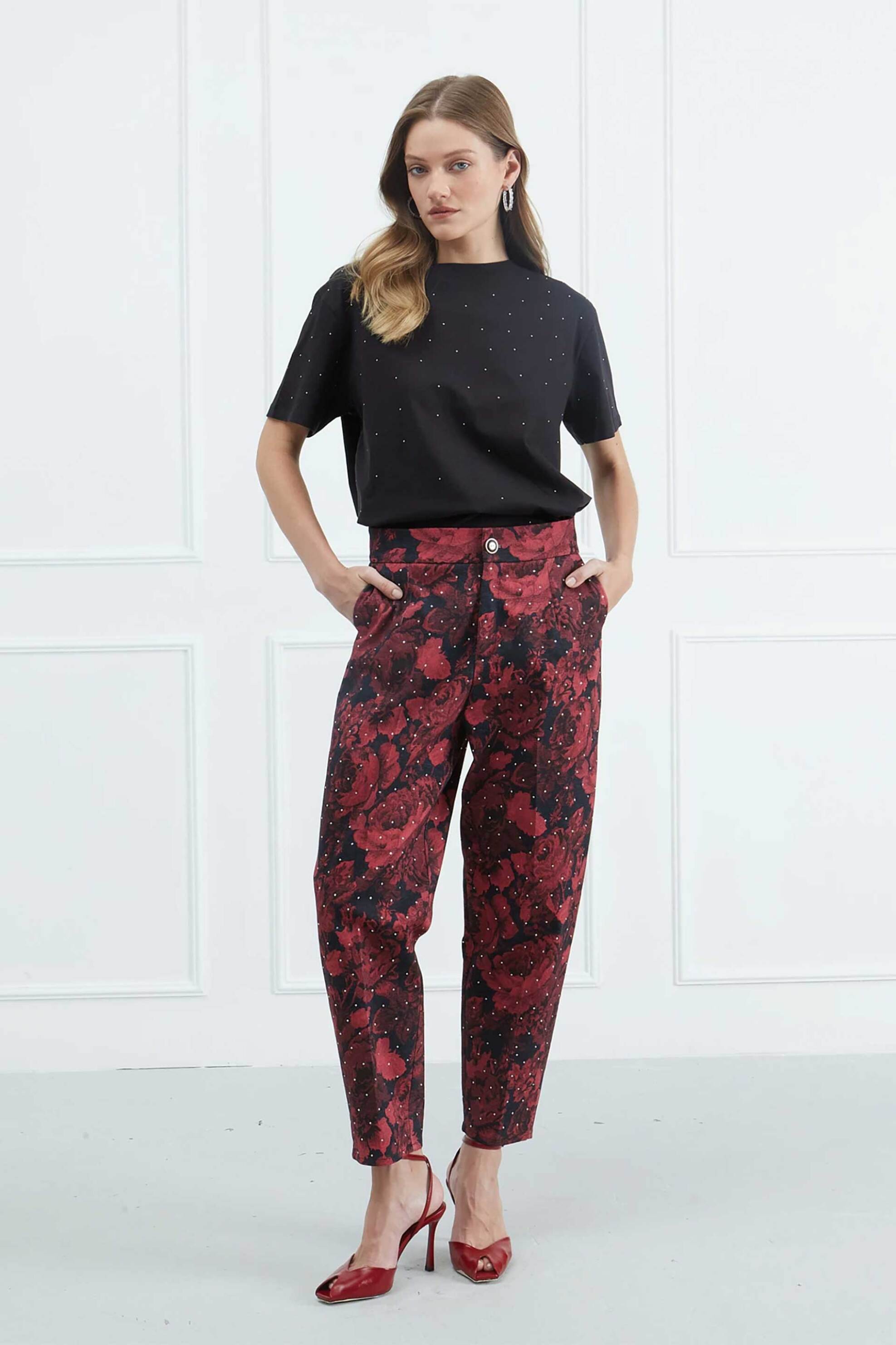 Sarah Lawrence γυναικείο παντελόνι με floral print Barrel - 161-0209 Κόκκινο