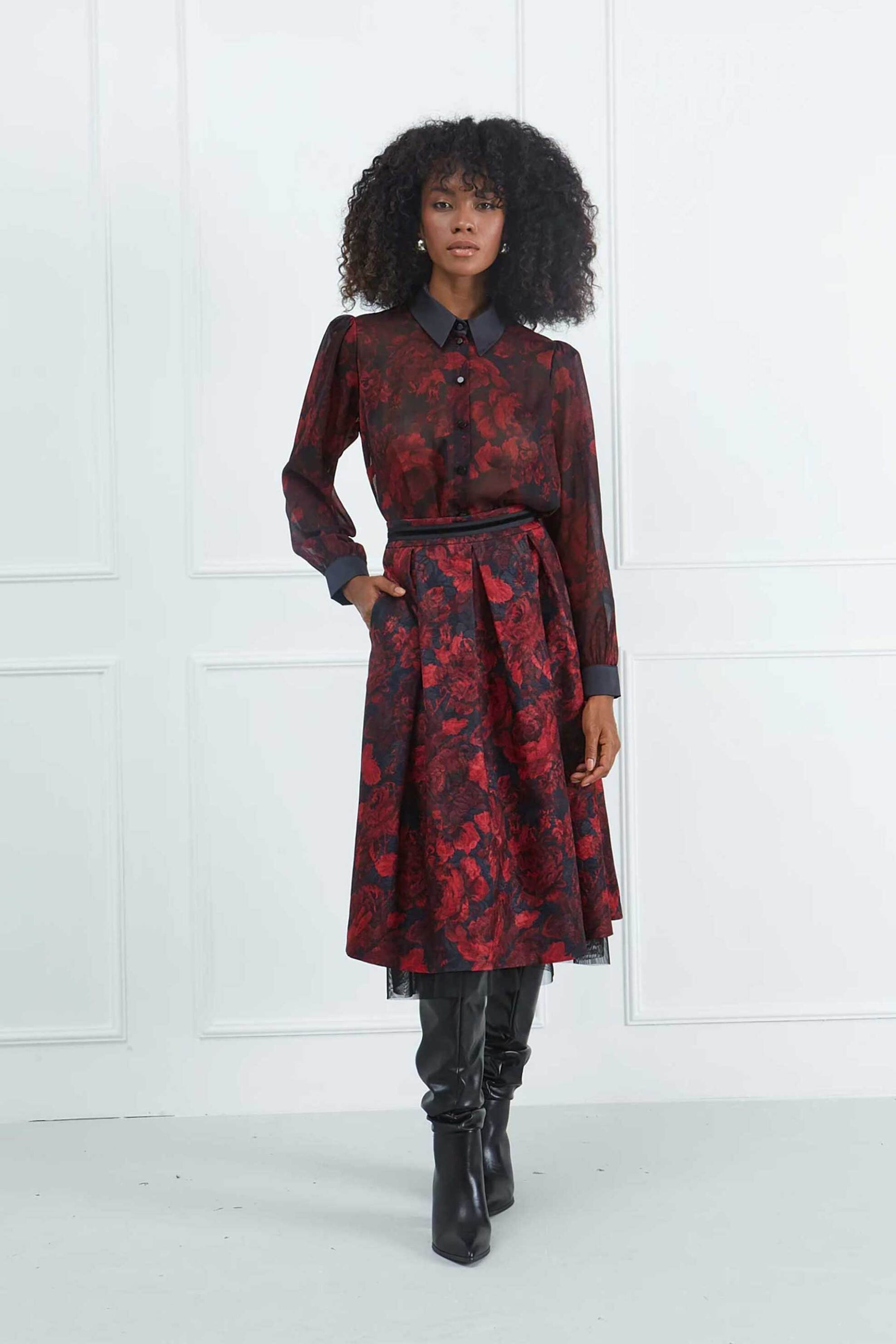 Sarah Lawrence γυναικεία φούστα midi με floral print - 161-0301 Κόκκινο