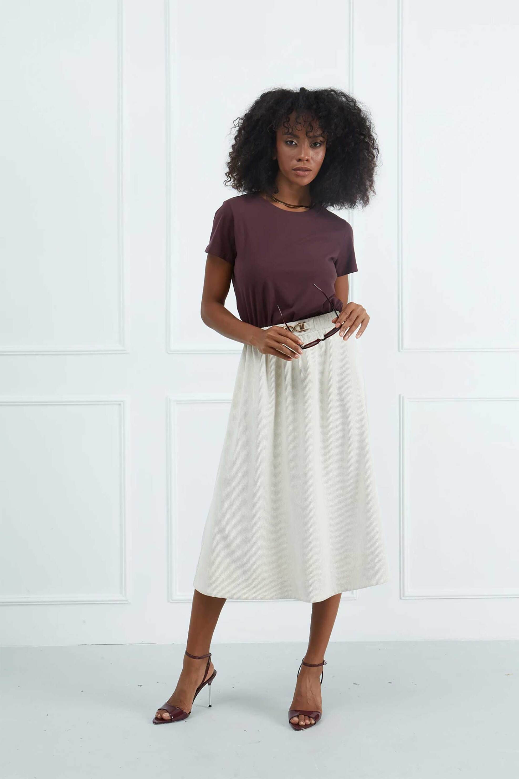 Sarah Lawrence γυναικεία φούστα midi με μεταλλική λεπτομέρεια - 161-0302 Εκρού