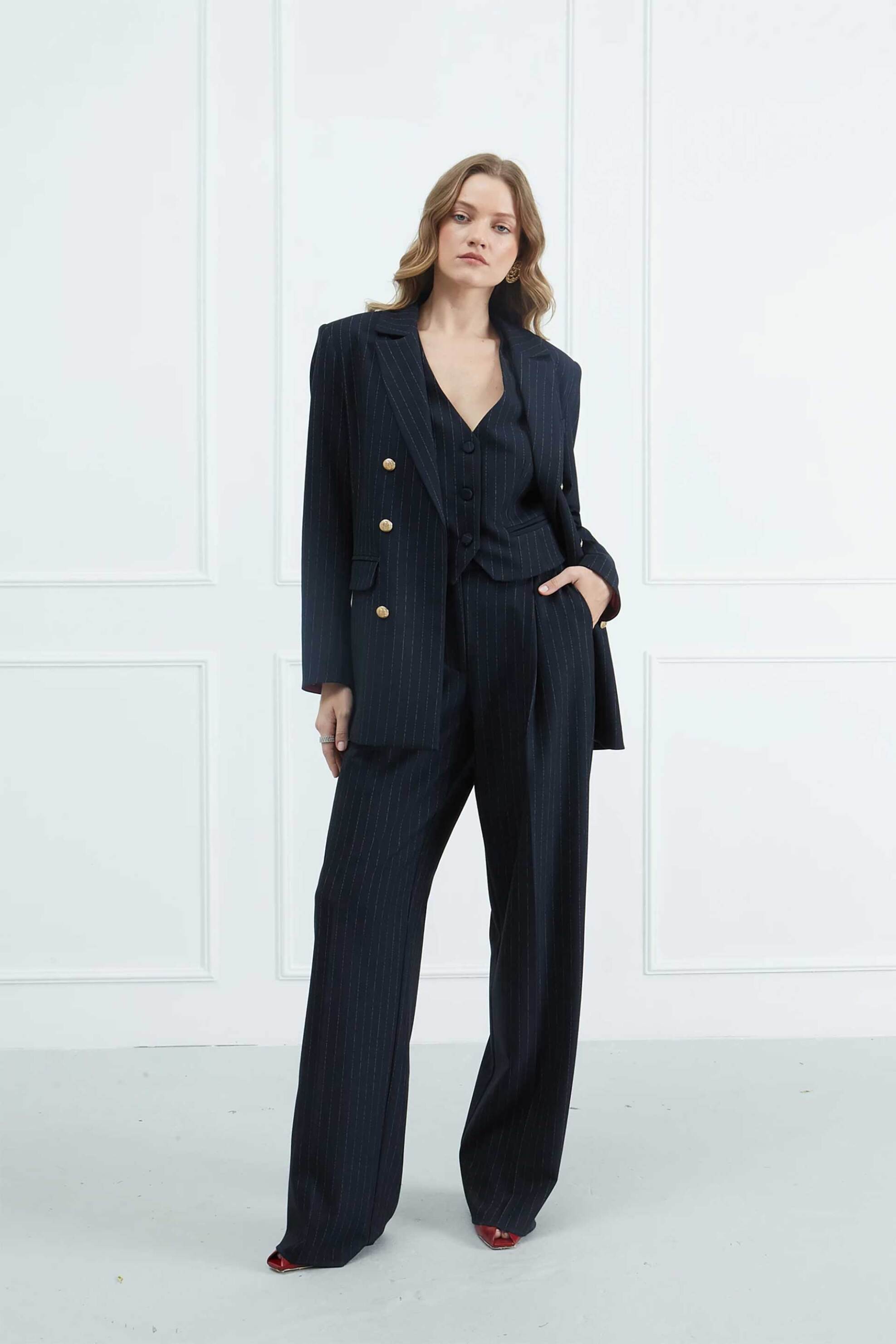 Sarah Lawrence γυναικείο σακάκι ριγέ με διακοσμητικά κουμπιά - 161-0102 Denim Blue