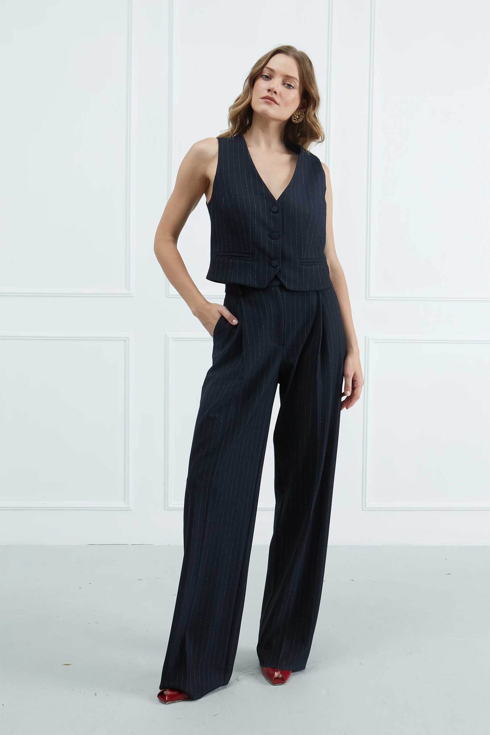 Sarah Lawrence γυναικείο παντελόνι με ριγέ σχέδιο σε ίσια γραμμή - 161-0208 Denim Blue