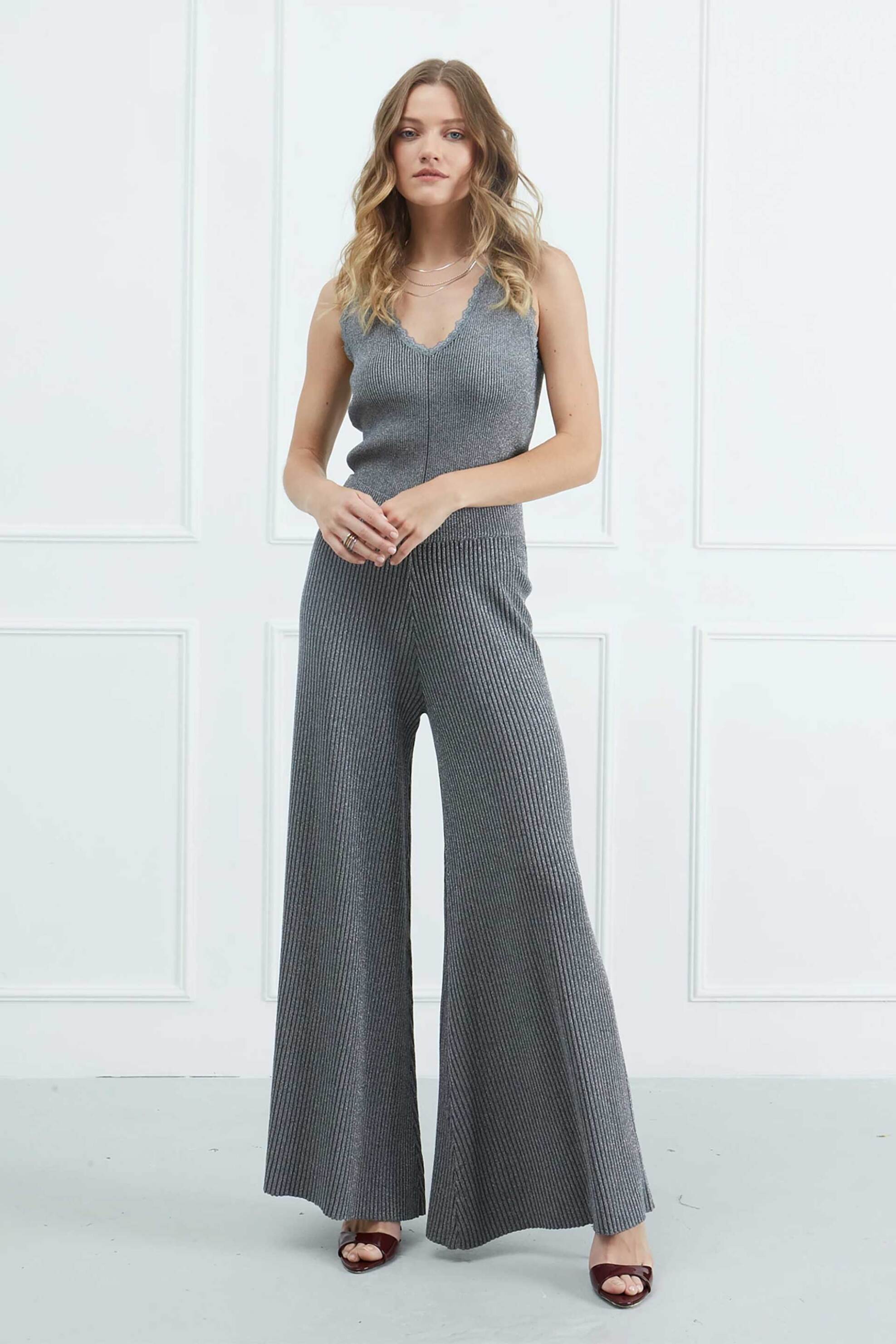 Sarah Lawrence γυναικείο πλεκτό παντελόνι lurex - 261-0229 Γκρι