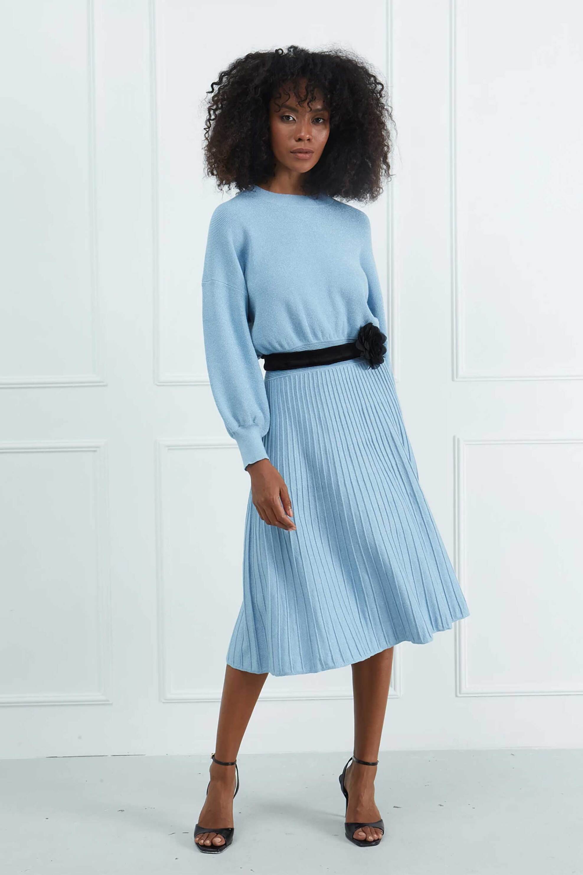 SARAH LAWRENCE JEANS Sarah Lawrence γυναικείο midi φόρεμα πλεκτό lurex - 261-0404 Γαλάζιο