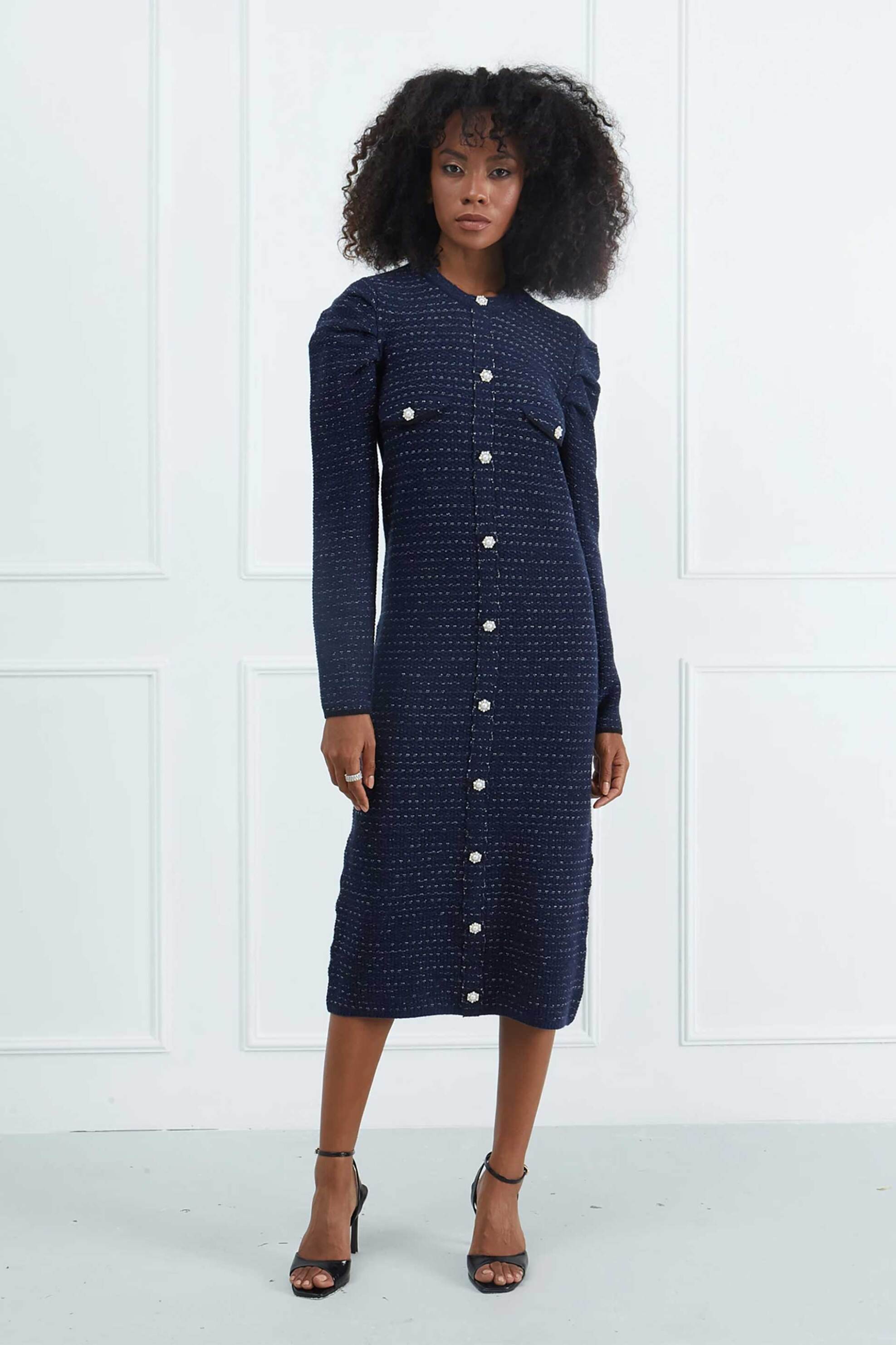 SARAH LAWRENCE JEANS Sarah Lawrence γυναικείο midi φόρεμα tweed - 261-0405 Μπλε Σκούρο