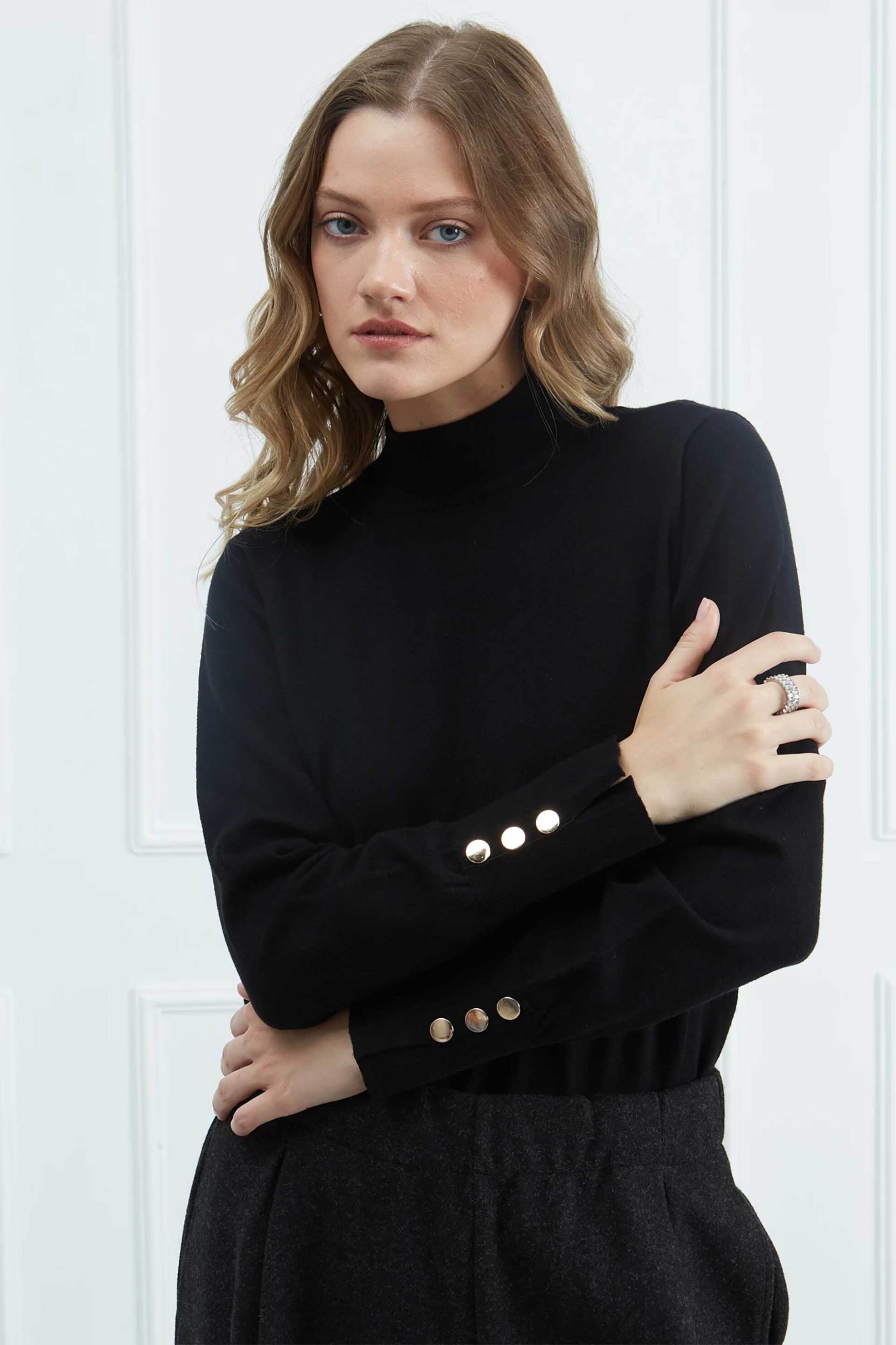 SARAH LAWRENCE JEANS Sarah Lawrence γυναικεία πλεκτή μπλούζα με κουμπιά στο μανίκι - 261-0702 Μαύρο