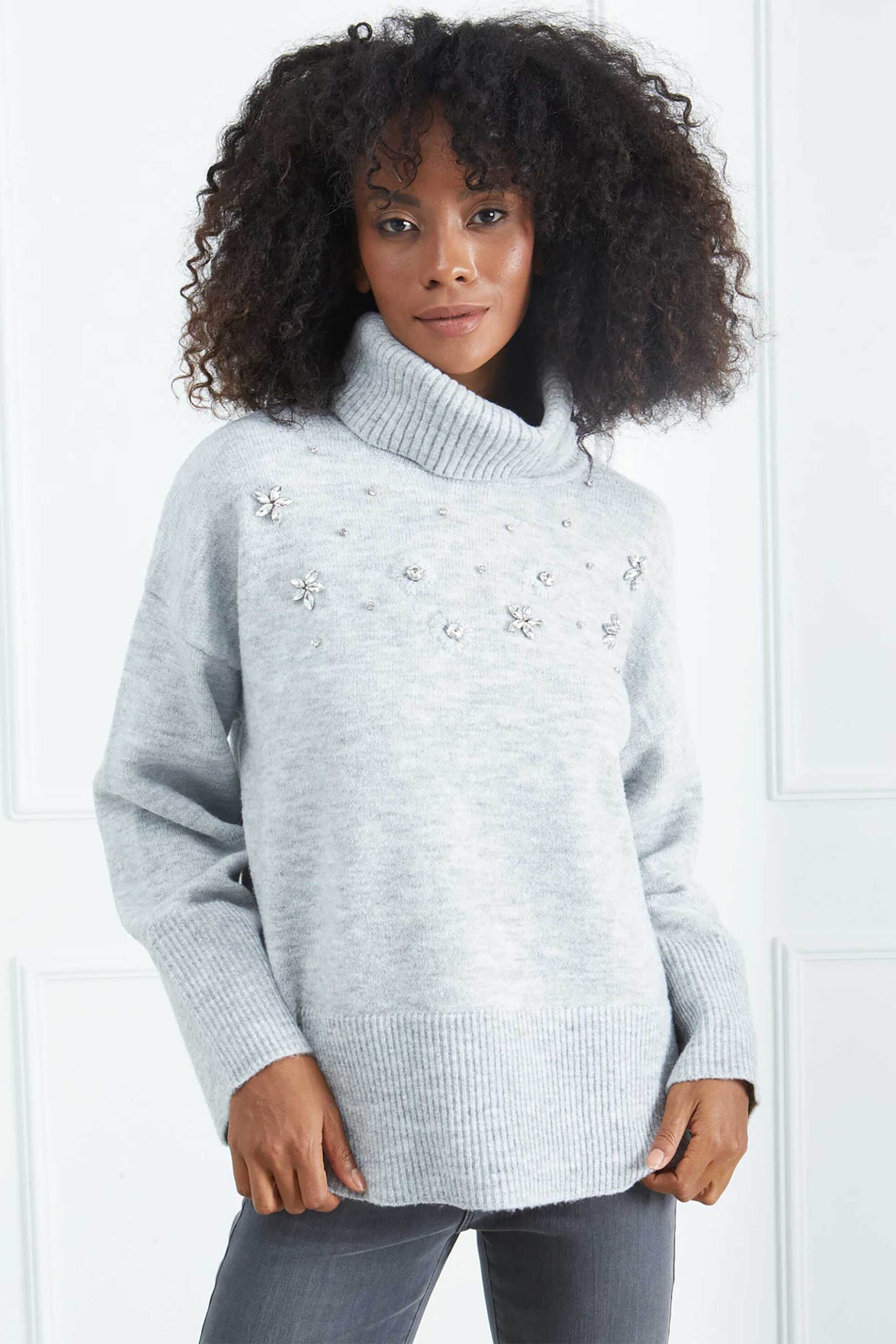 SARAH LAWRENCE JEANS Sarah Lawrence γυναικεία πλεκτή μπλούζα με διακοσμητικά στρας - 261-0705 Γκρι