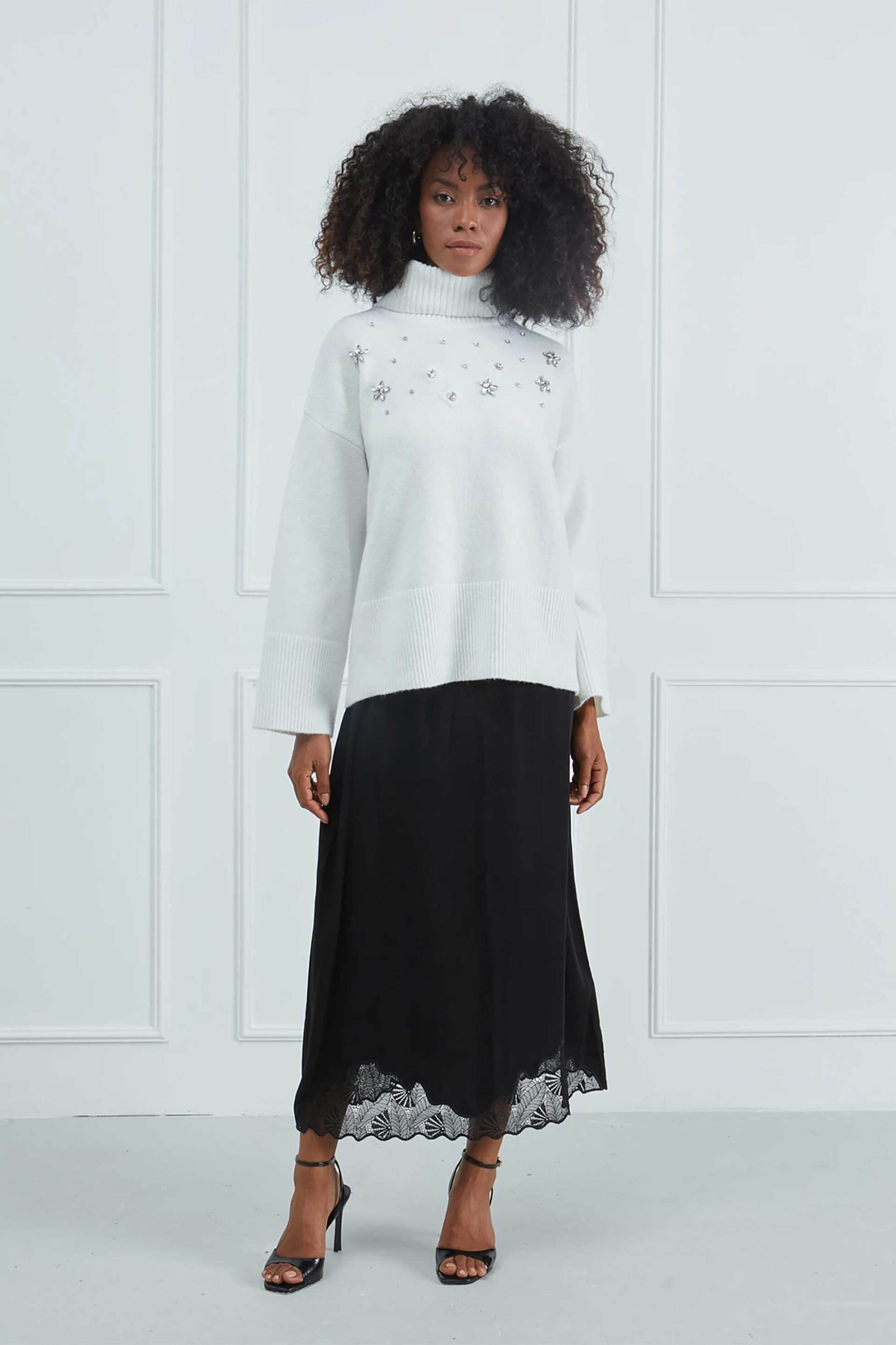 Sarah Lawrence γυναικεία πλεκτή μπλούζα με διακοσμητικά στρας - 261-0705 Εκρού