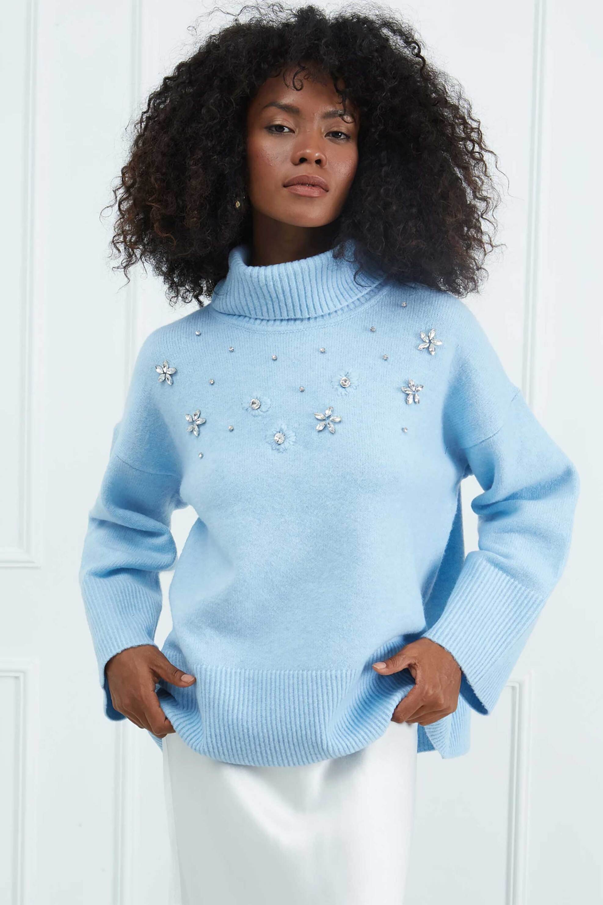 SARAH LAWRENCE JEANS Sarah Lawrence γυναικεία πλεκτή μπλούζα με διακοσμητικά στρας - 261-0705 Γαλάζιο