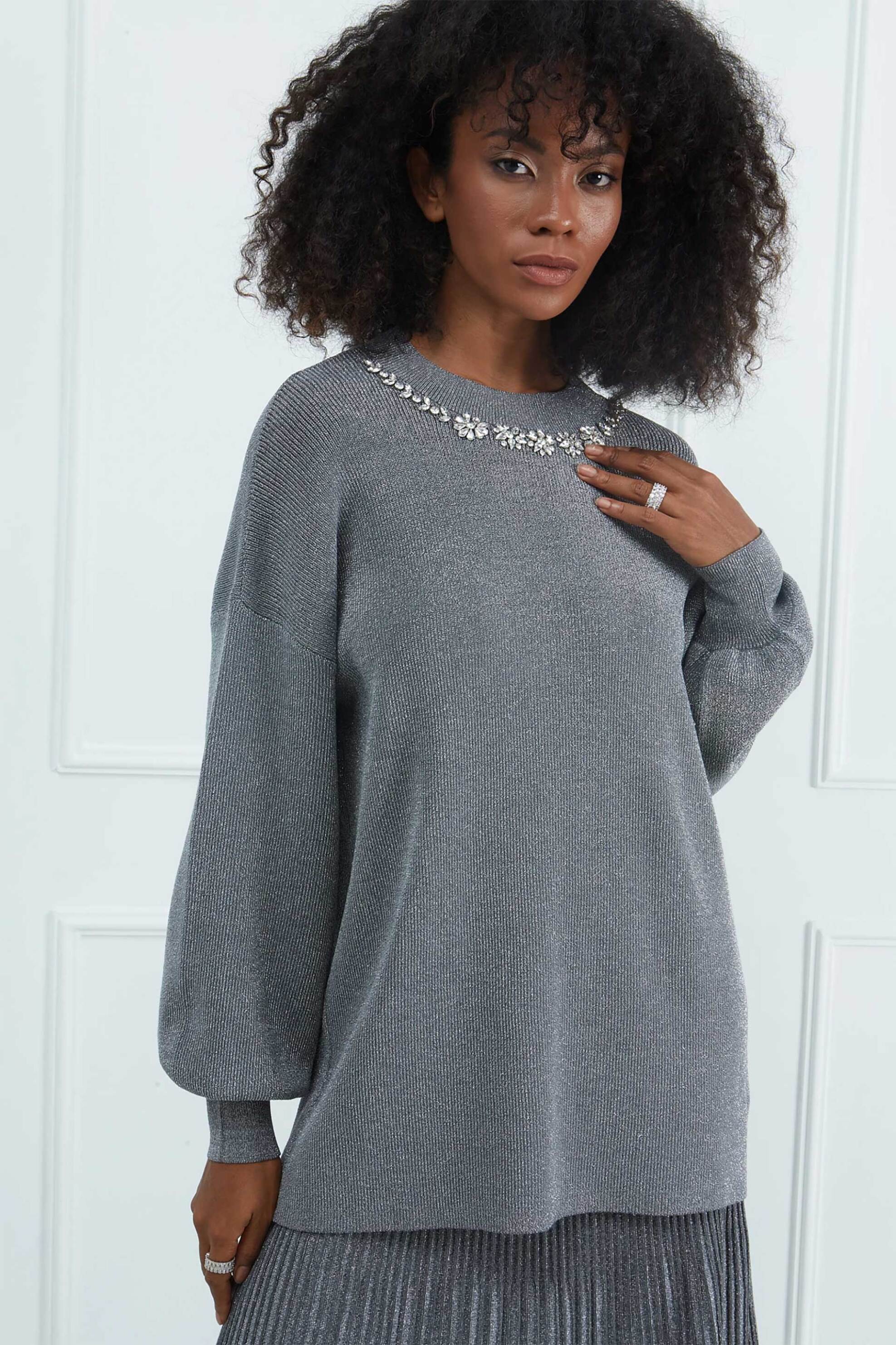 SARAH LAWRENCE JEANS Sarah Lawrence γυναικεία πλεκτή μπλούζα lurex με στρας - 261-0708 Γκρι