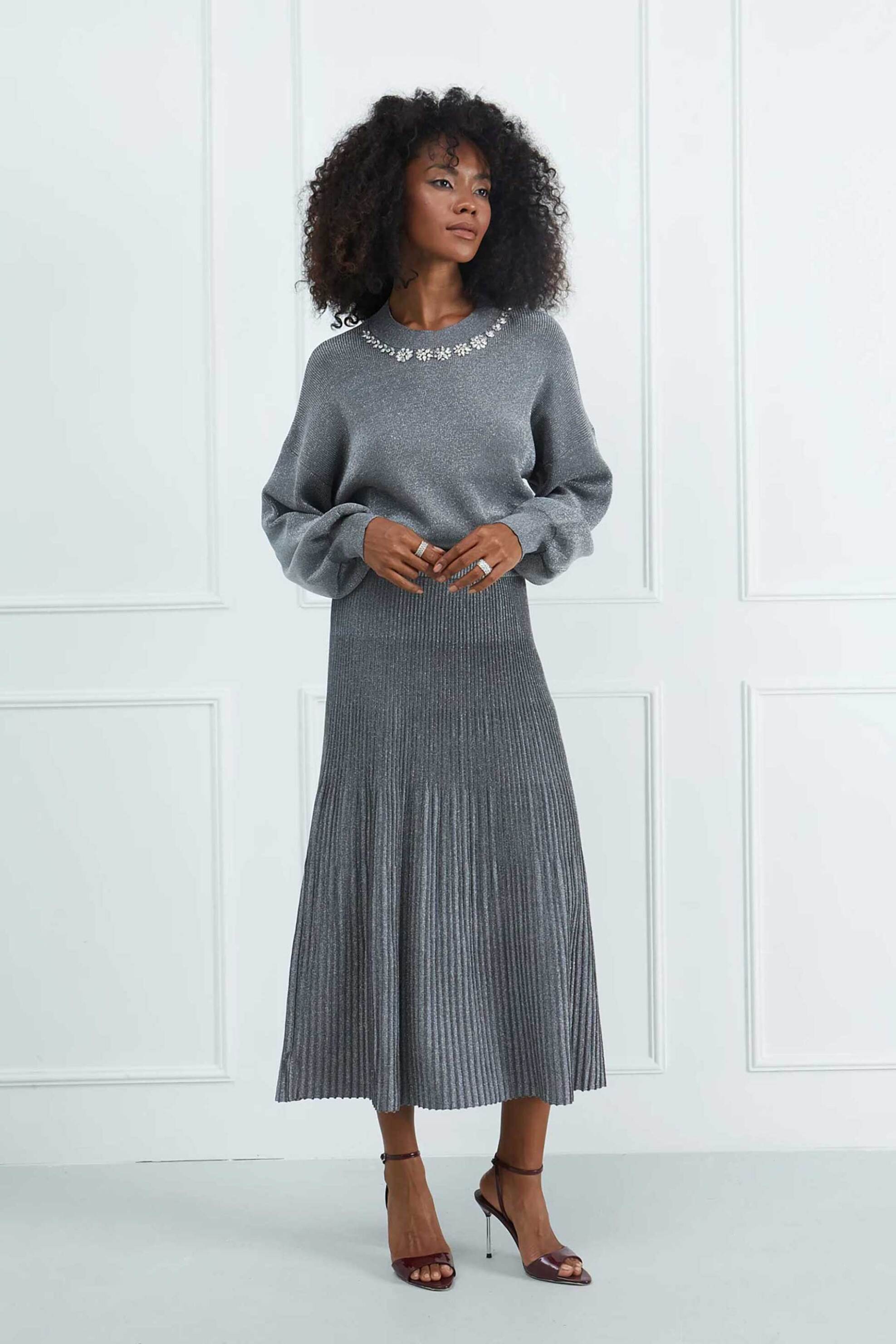 Sarah Lawrence γυναικεία πλεκτή μπλούζα lurex με στρας - 261-0708 Γκρι φωτογραφία