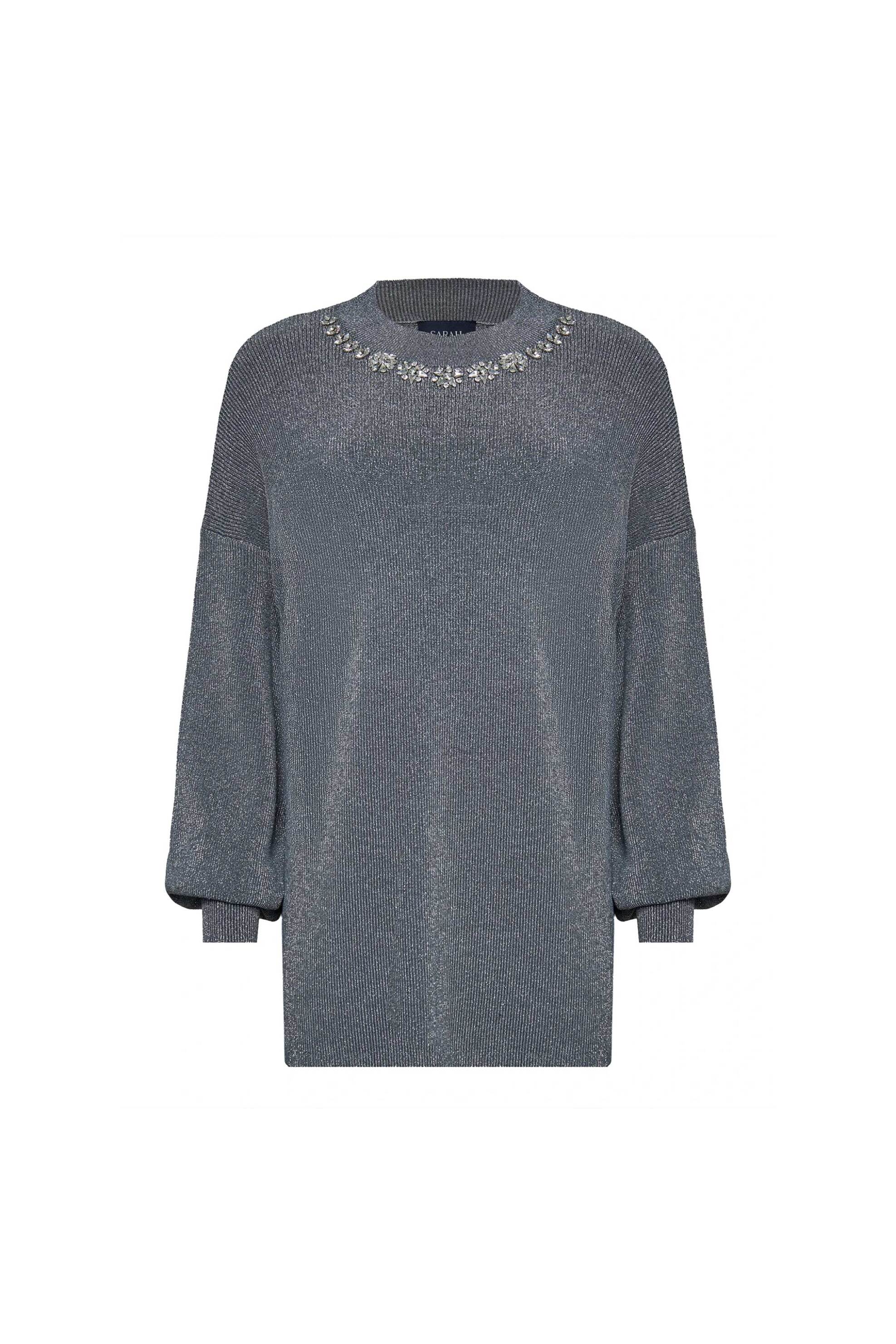 Sarah Lawrence γυναικεία πλεκτή μπλούζα lurex με στρας - 261-0708 Γκρι φωτογραφία