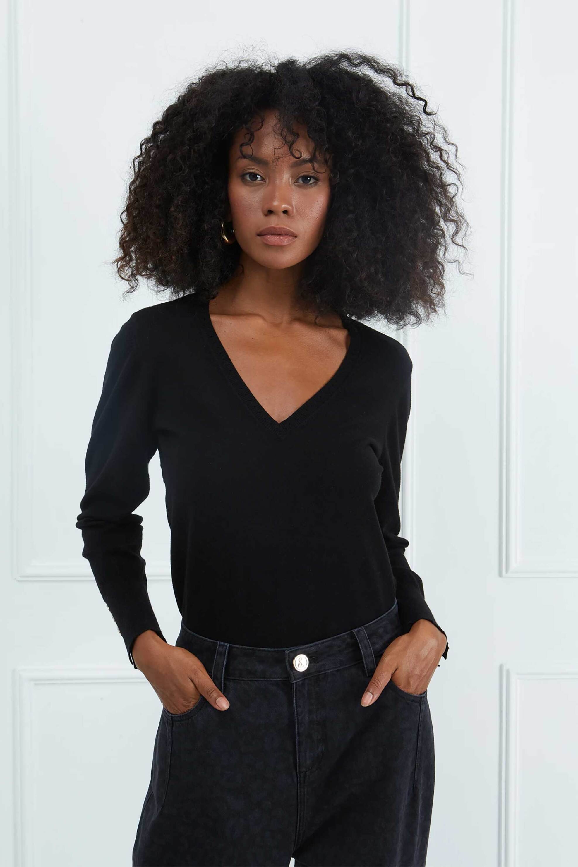 Sarah Lawrence γυναικεία πλεκτή μπλούζα με V λαιμόκοψη - 261-0710 Μαύρο