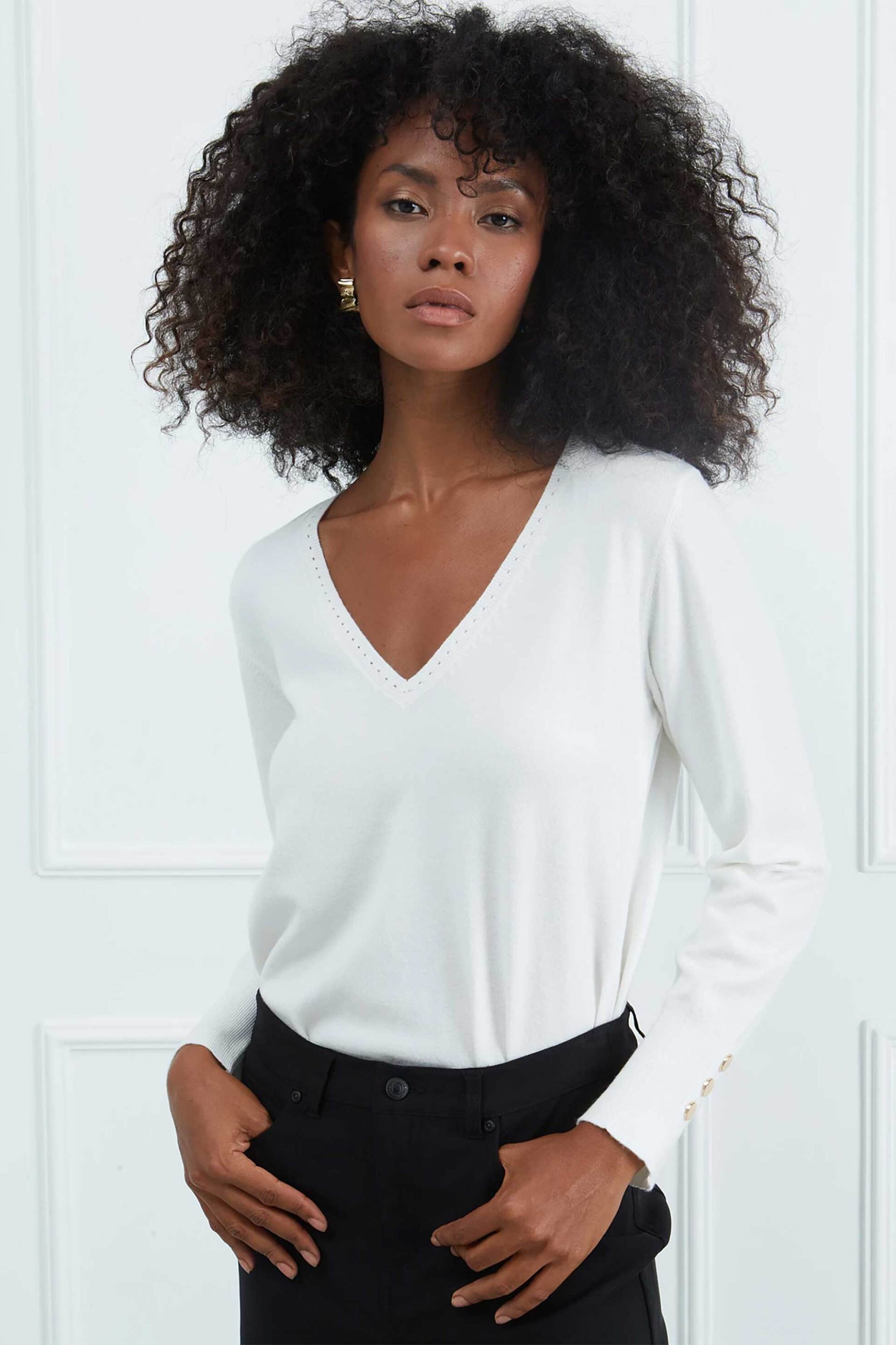 SARAH LAWRENCE JEANS Sarah Lawrence γυναικεία πλεκτή μπλούζα με V λαιμόκοψη - 261-0710 Εκρού