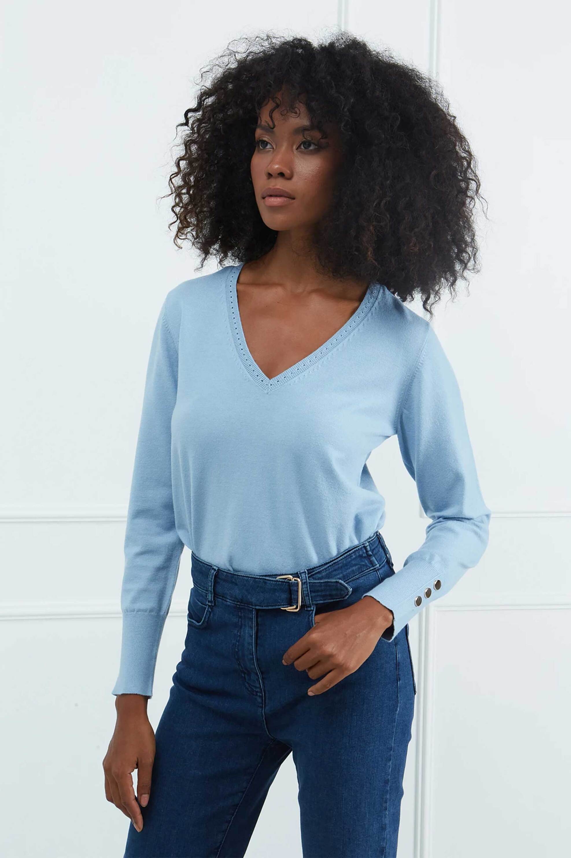 SARAH LAWRENCE JEANS Sarah Lawrence γυναικεία πλεκτή μπλούζα με V λαιμόκοψη - 261-0710 Γαλάζιο