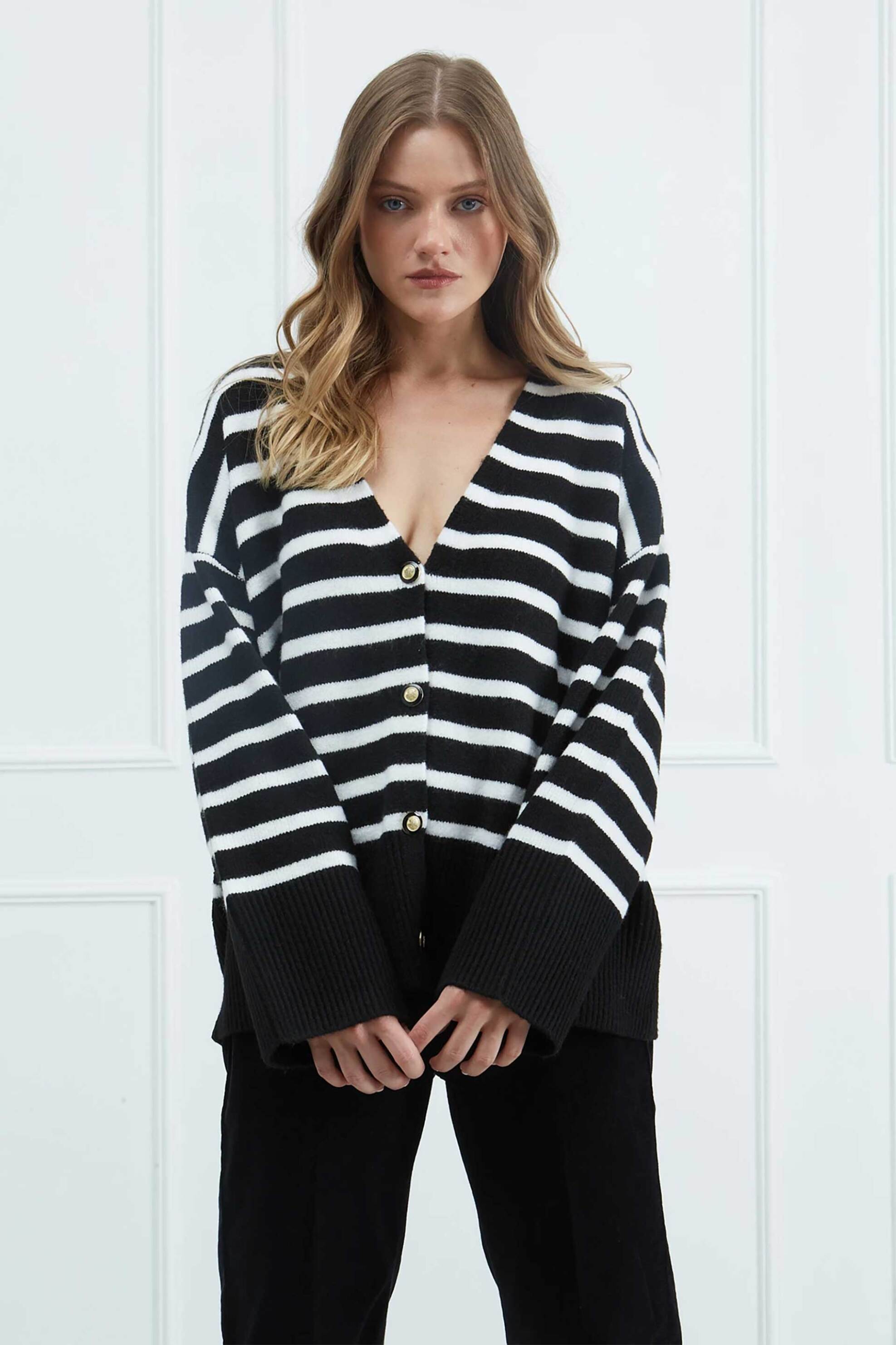 SARAH LAWRENCE JEANS Sarah Lawrence γυναικεία ζακέτα ριγέ με κουμπιά - 261-1001 Μαύρο