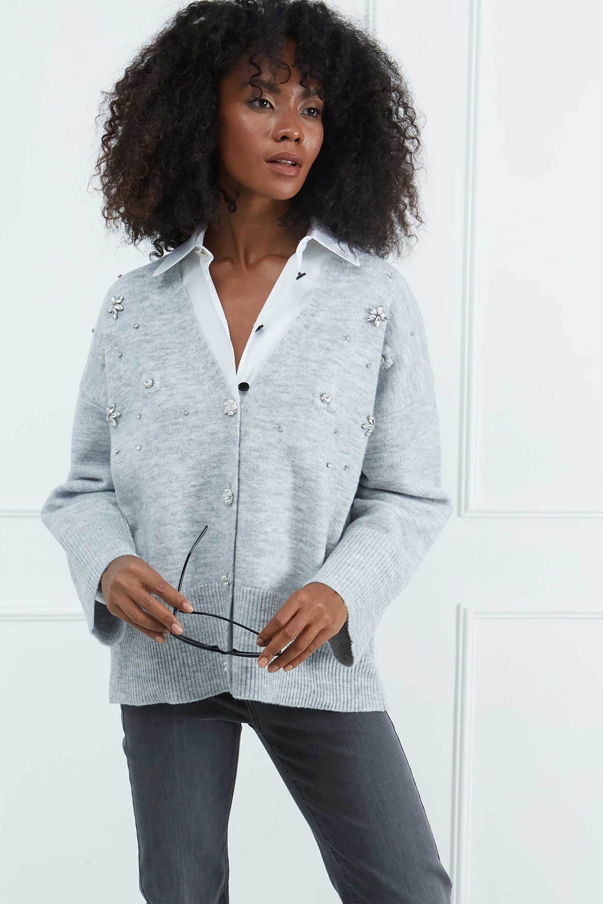 SARAH LAWRENCE JEANS Sarah Lawrence γυναικεία ζακέτα με κέντημα στρας - 261-1002 Γκρι