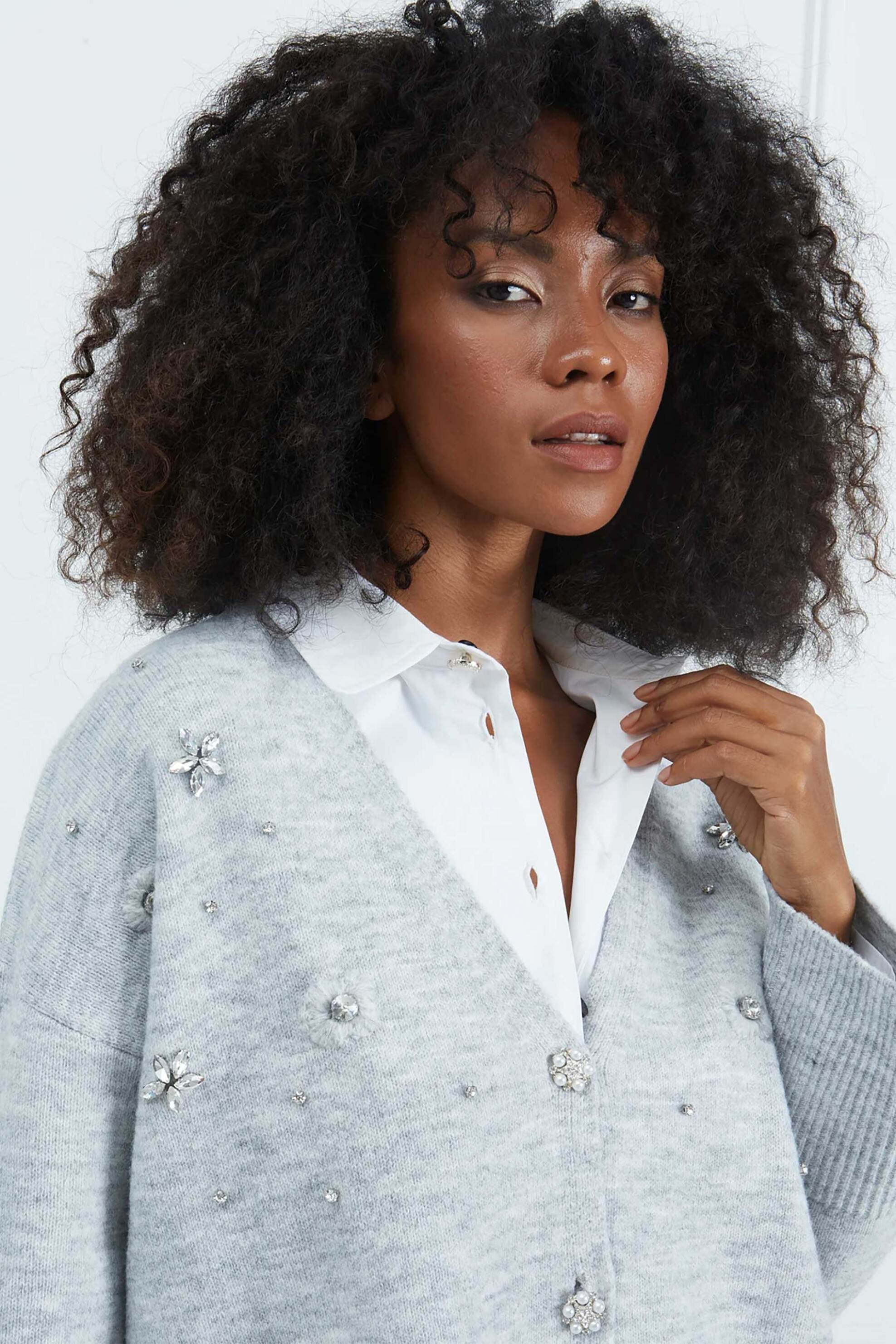 Sarah Lawrence γυναικεία ζακέτα με κέντημα στρας - 261-1002 Γκρι φωτογραφία